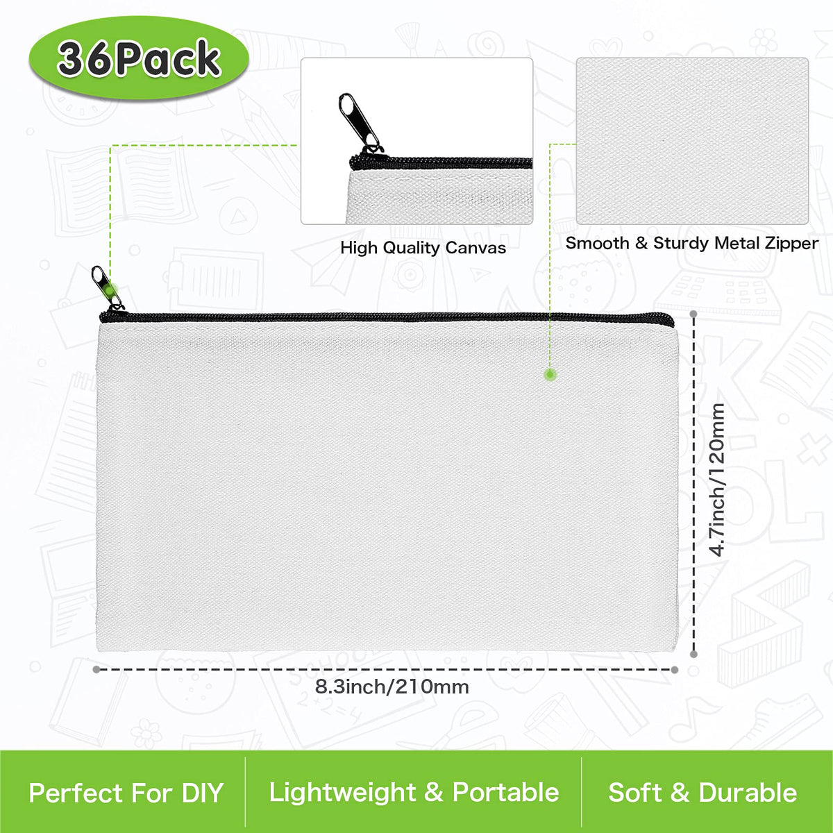 Tenare Sublimation Blank Bag Canvas Zipper Pouch Blank Makeup Bag Canvas Double-side Pencil Case