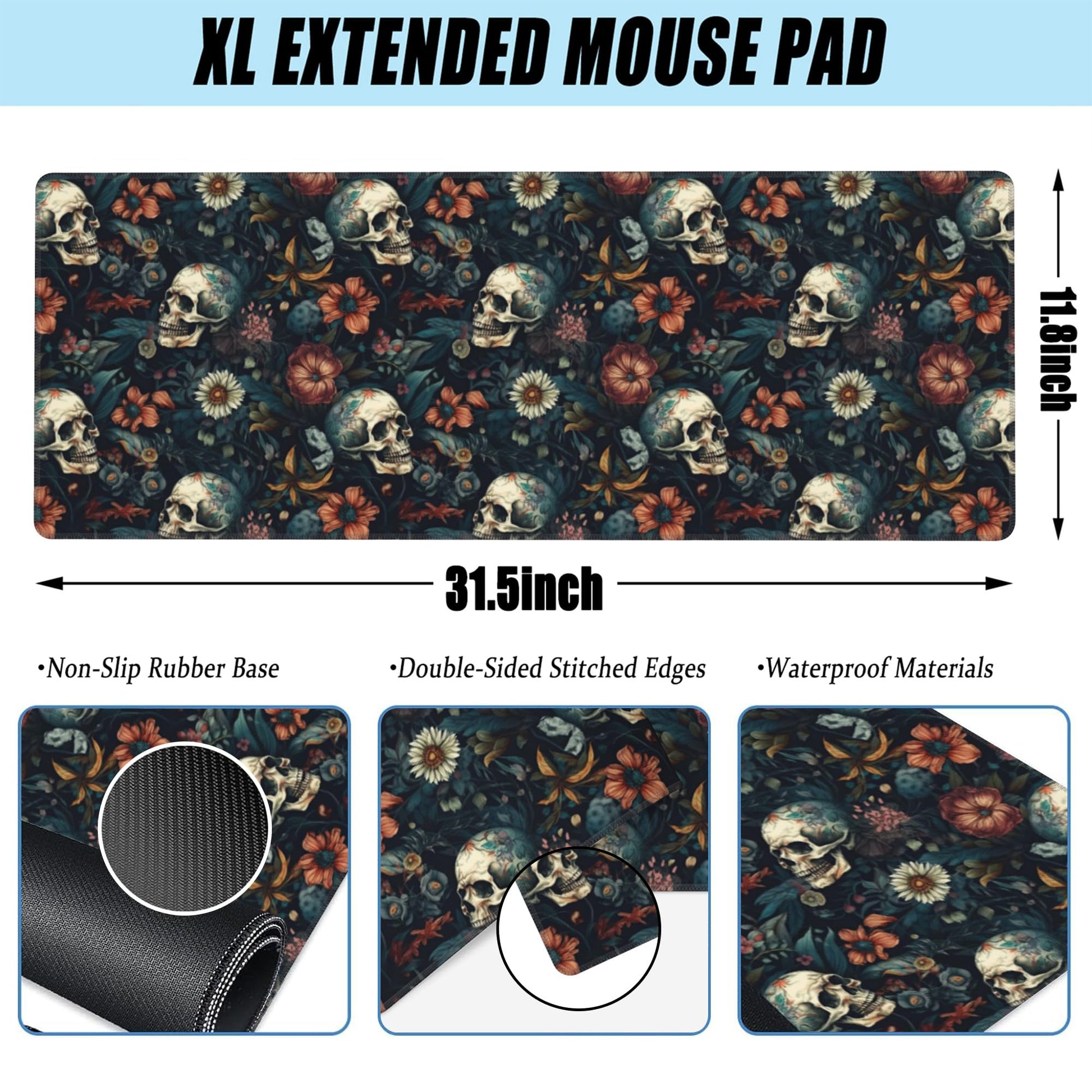 Desk Mat,Skulls with Flowers Large Gaming Mouse Pad XL,Skull Floral Desk Pad,Extended Big Computer