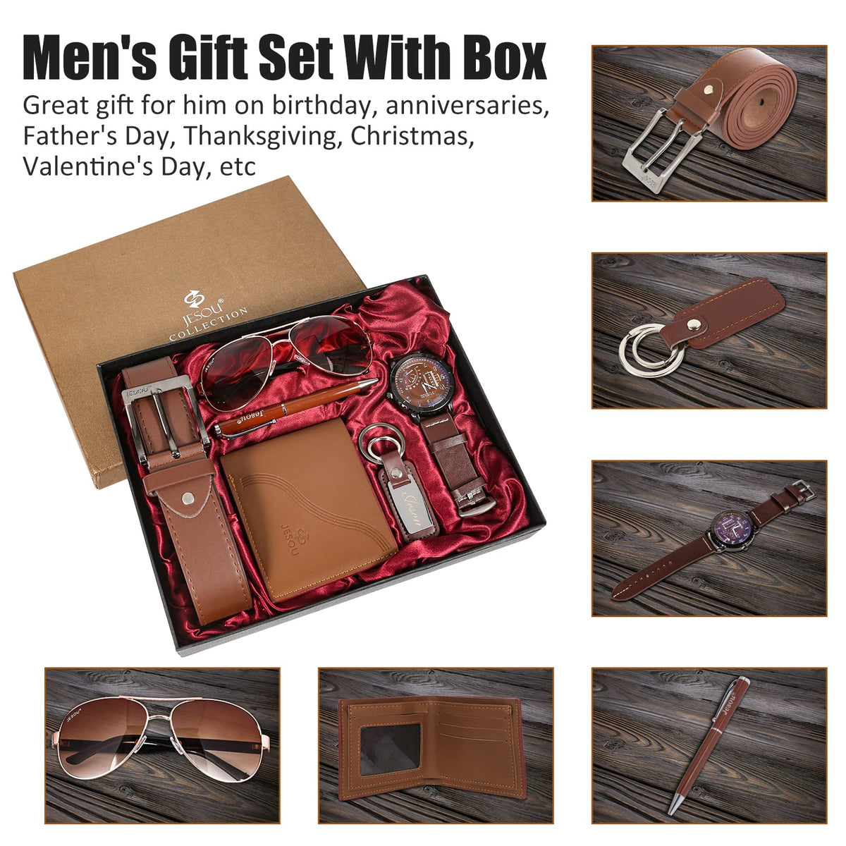 Baojulong 6pcs Men's Gift Set with Box Brown Leather Belt Wallet Watch Glasses Keychain Ballpoint