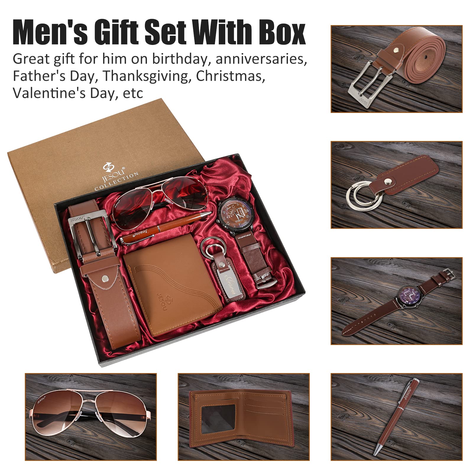 Baojulong 6pcs Men's Gift Set with Box Brown Leather Belt Wallet Watch Glasses Keychain Ballpoint