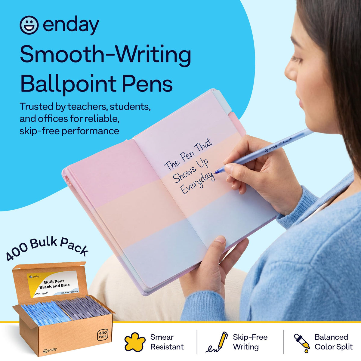 Enday Ballpoint Pens Bulk Blue and Black Pens (400 Pack) 200 Black & 200 Blue - Medium Point