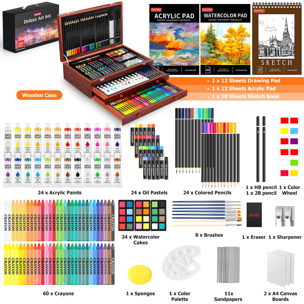 Soucolor Art Supplies,192 Pack Deluxe Art Set Drawing Painting Supplies Kit