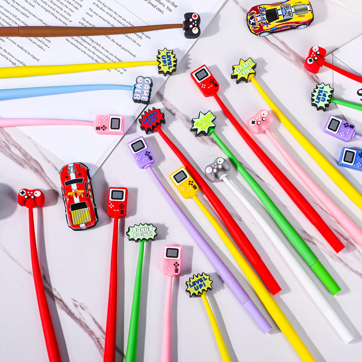 LiYiQ 50 Pcs Video Game Stress Relief Bobblehead Pens Games Handle Level Up Games Console Shape