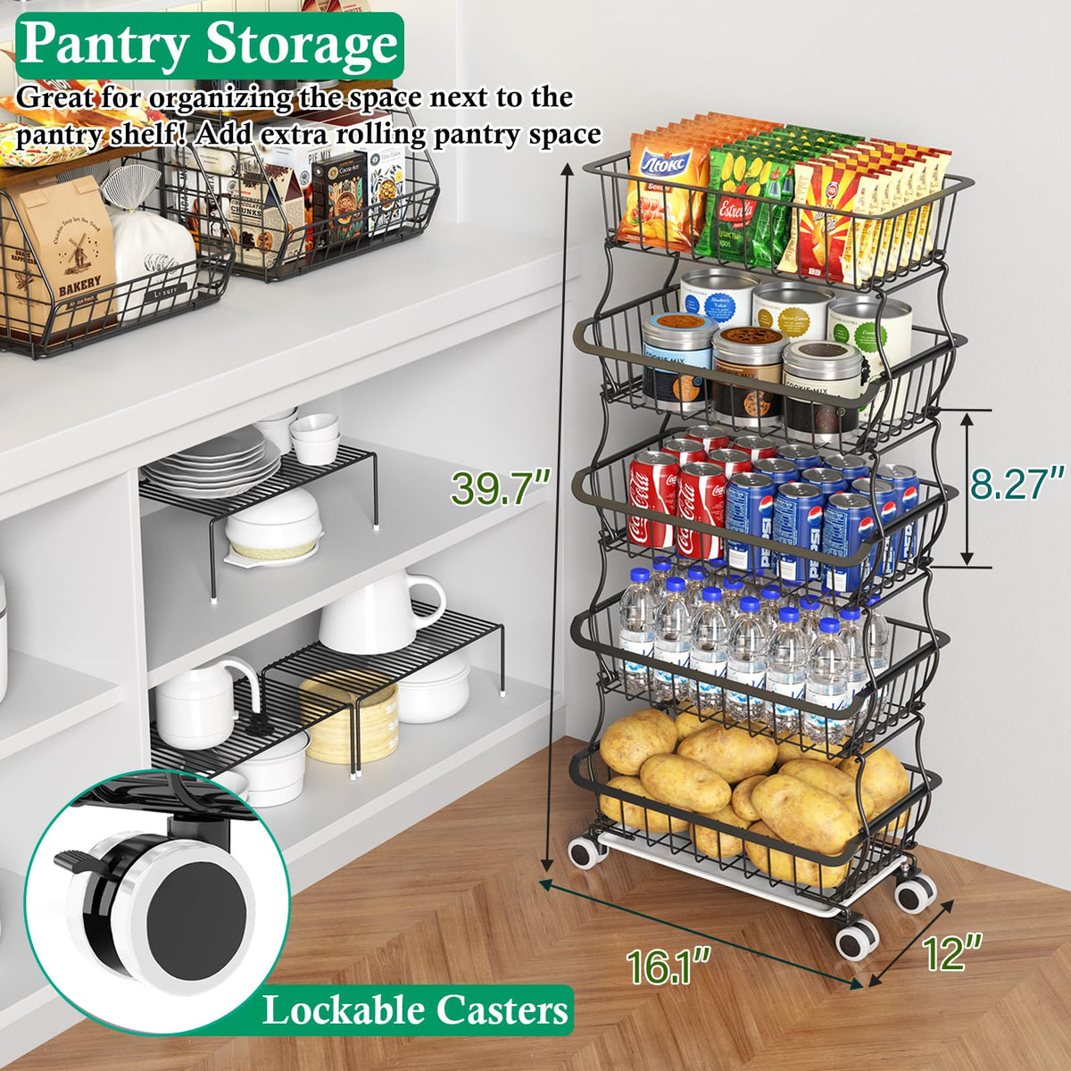 OKZEST 5 Tier Fruit Basket for Kitchen, Stackable Bins Wire Rack with Wheels, Fruit and Vegetable