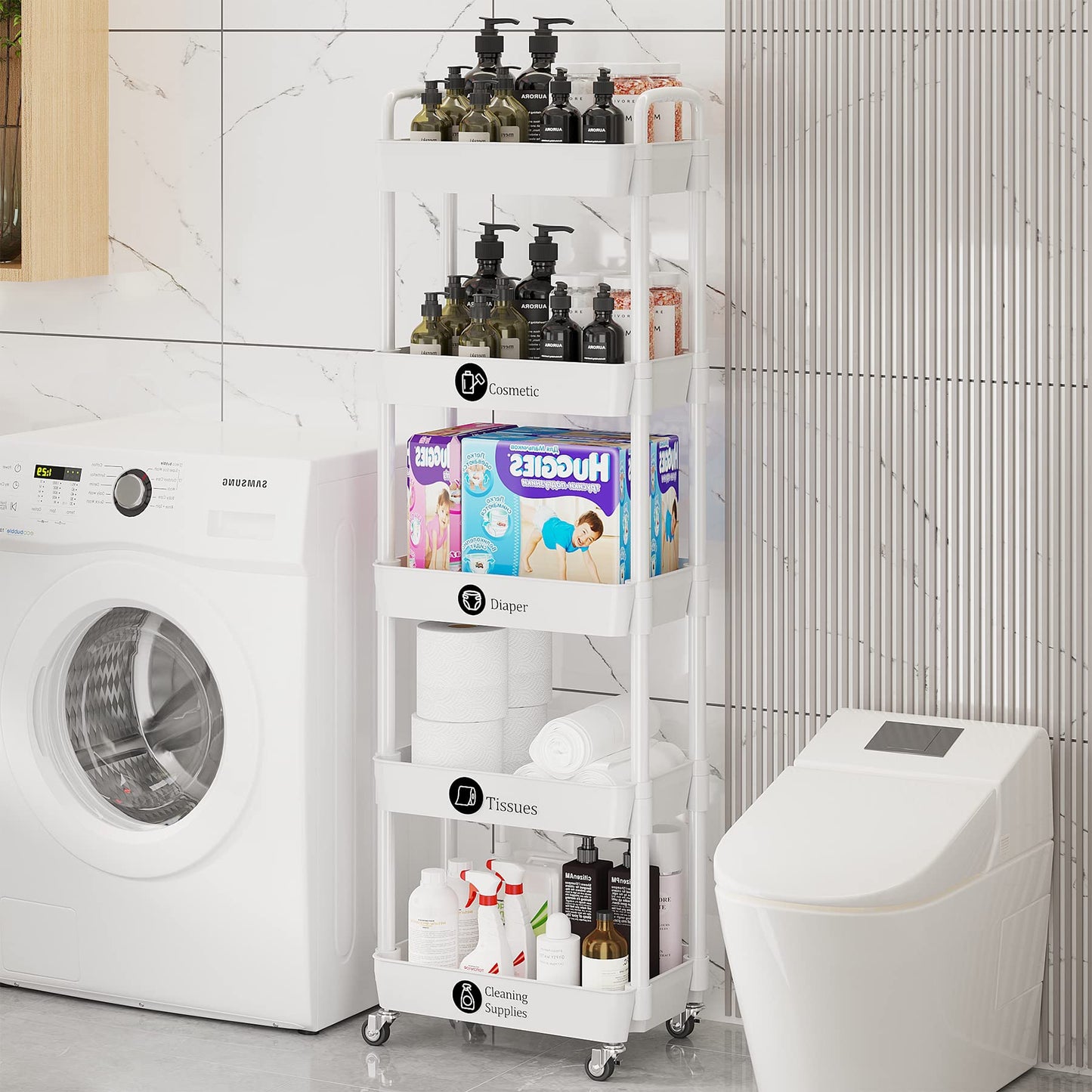 5 Tier Rolling Cart with Wheels, Utility Storage Carts,White