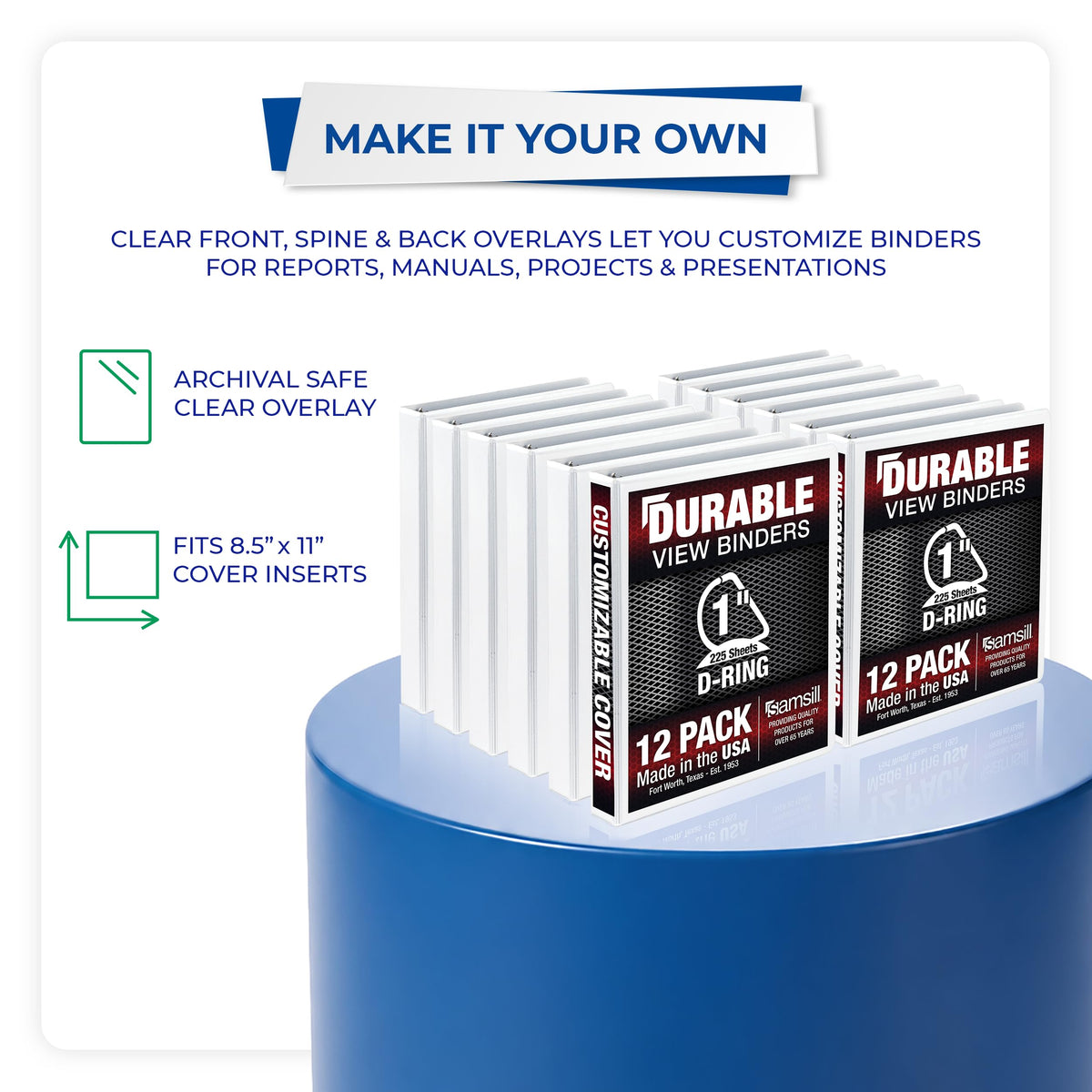 Samsill Durable 1 inch 3 Ring Binder, D Ring Binder, 100% Recycled Chipboard, White, 12 Pack