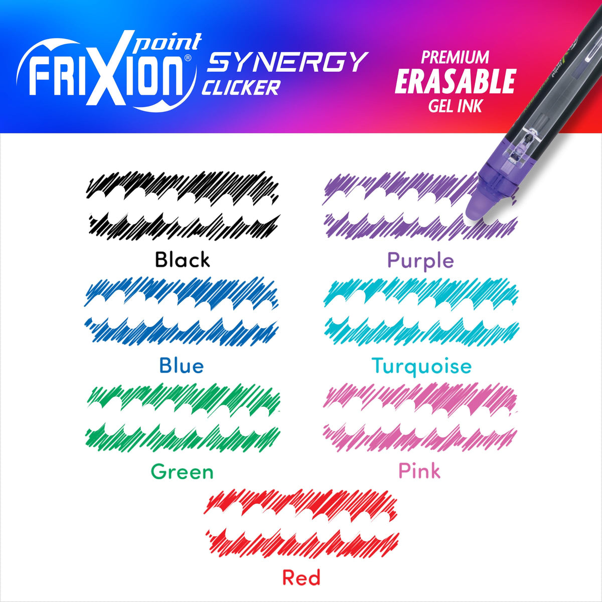 PILOT FriXion Synergy Clicker Erasable Pens, Pack of 7, Assorted Colors