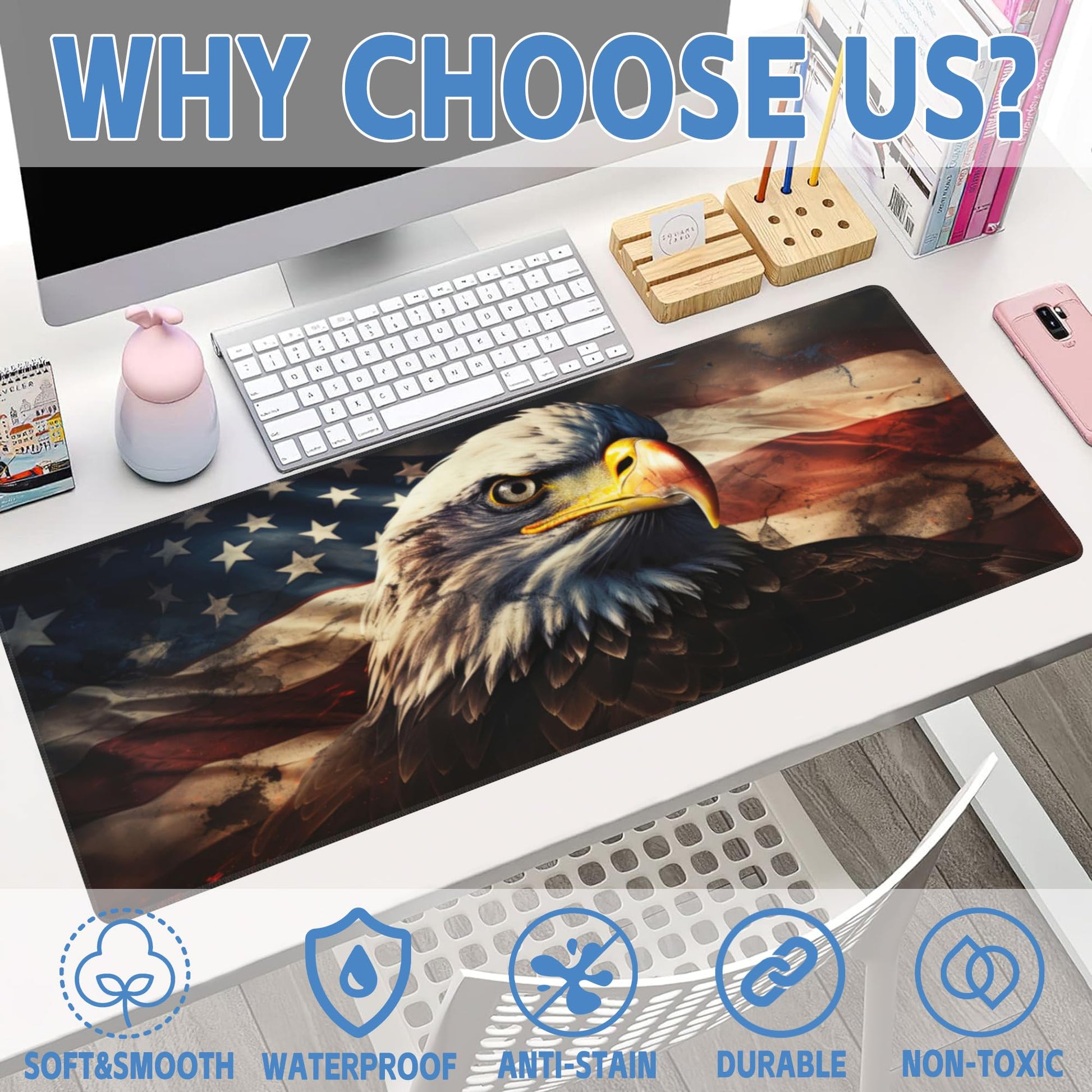 Desk Mat,American Bald Eagle Large Gaming Mouse Pad XL,USA Flag Eagle Desk Pad,Extended Big