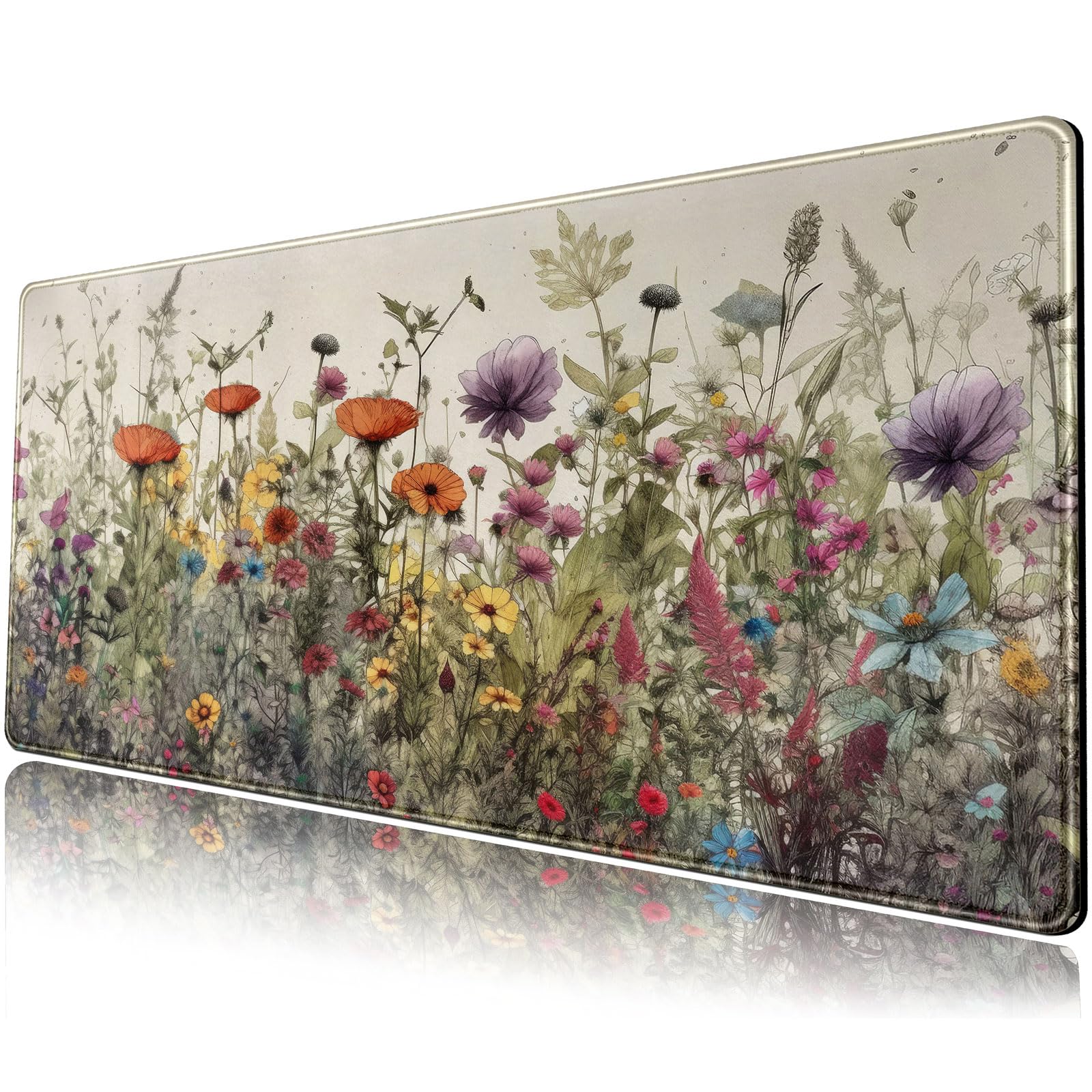 Watercolor Flowers Desk Mat Floral Boho XL Mouse Pad Large Mousepad Extended Vintage Aesthetic