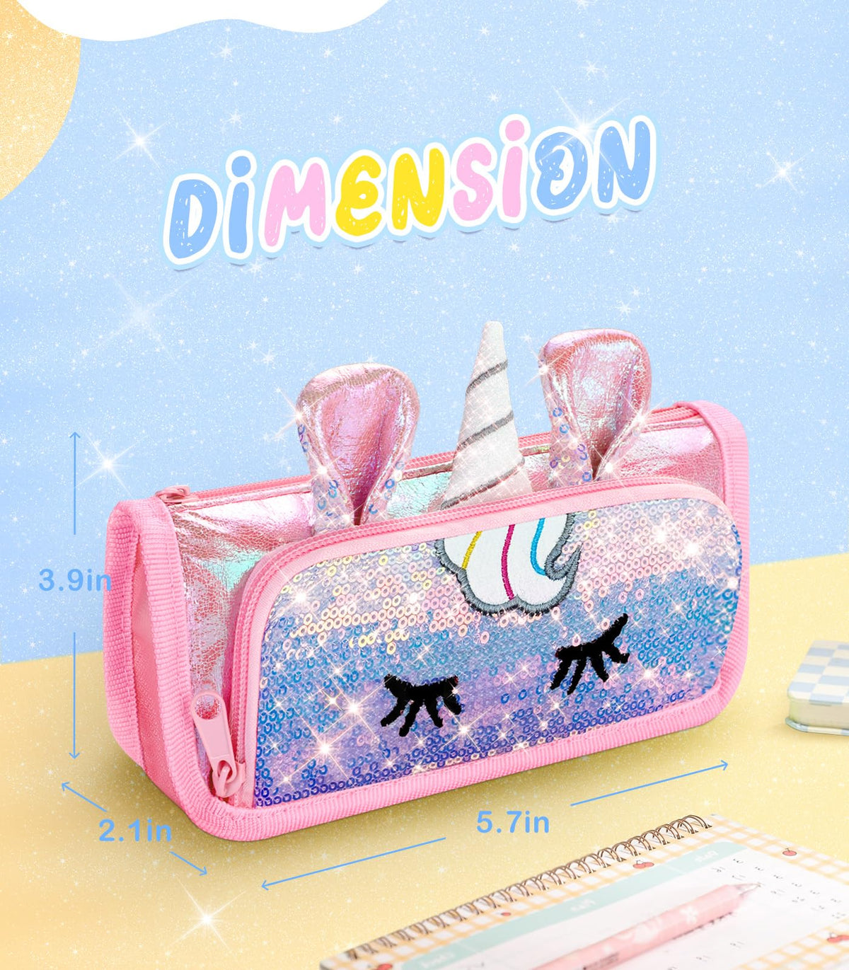 LISEVO Cute Pencil Case, 3D Pencil Pouch for Girls Kids, Sparkly Pencil Bag with Sequins for