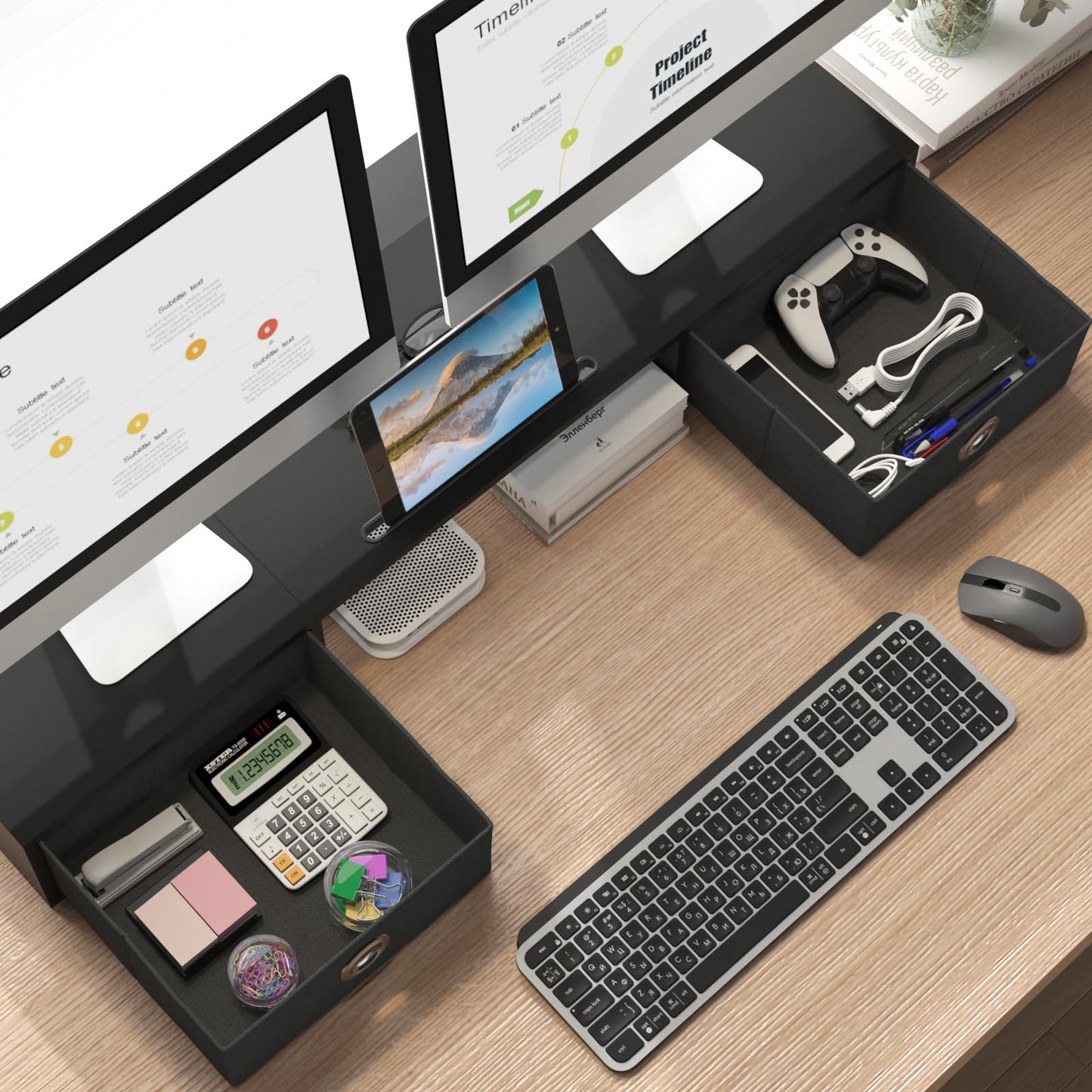 WESTREE Dual Monitor Stand Riser with Two Drawers, Extra Large Storage Monitor Stand for 2