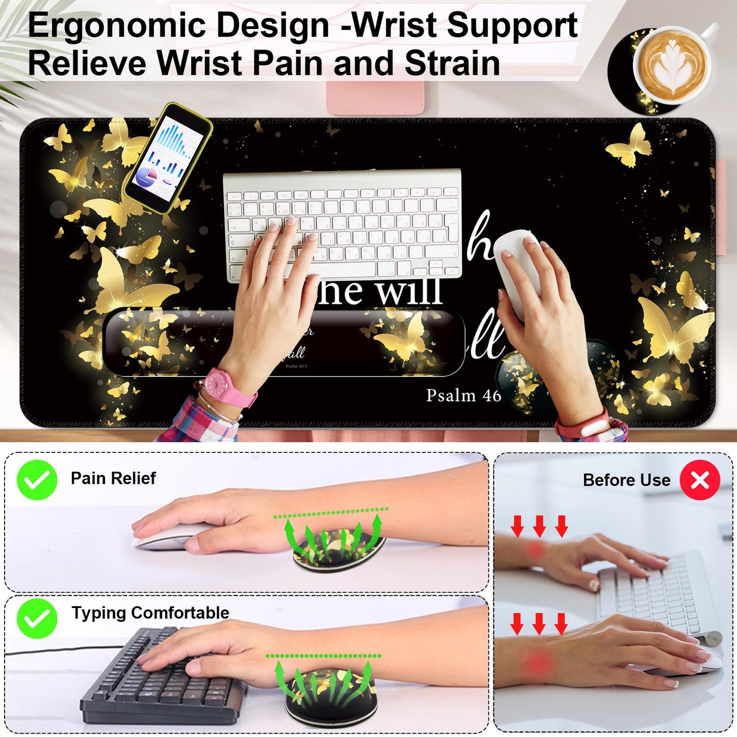 4 in 1 Mouse Pad and Keyboard Wrist Rest,Large Desk Mat,Coaster Set-Gold