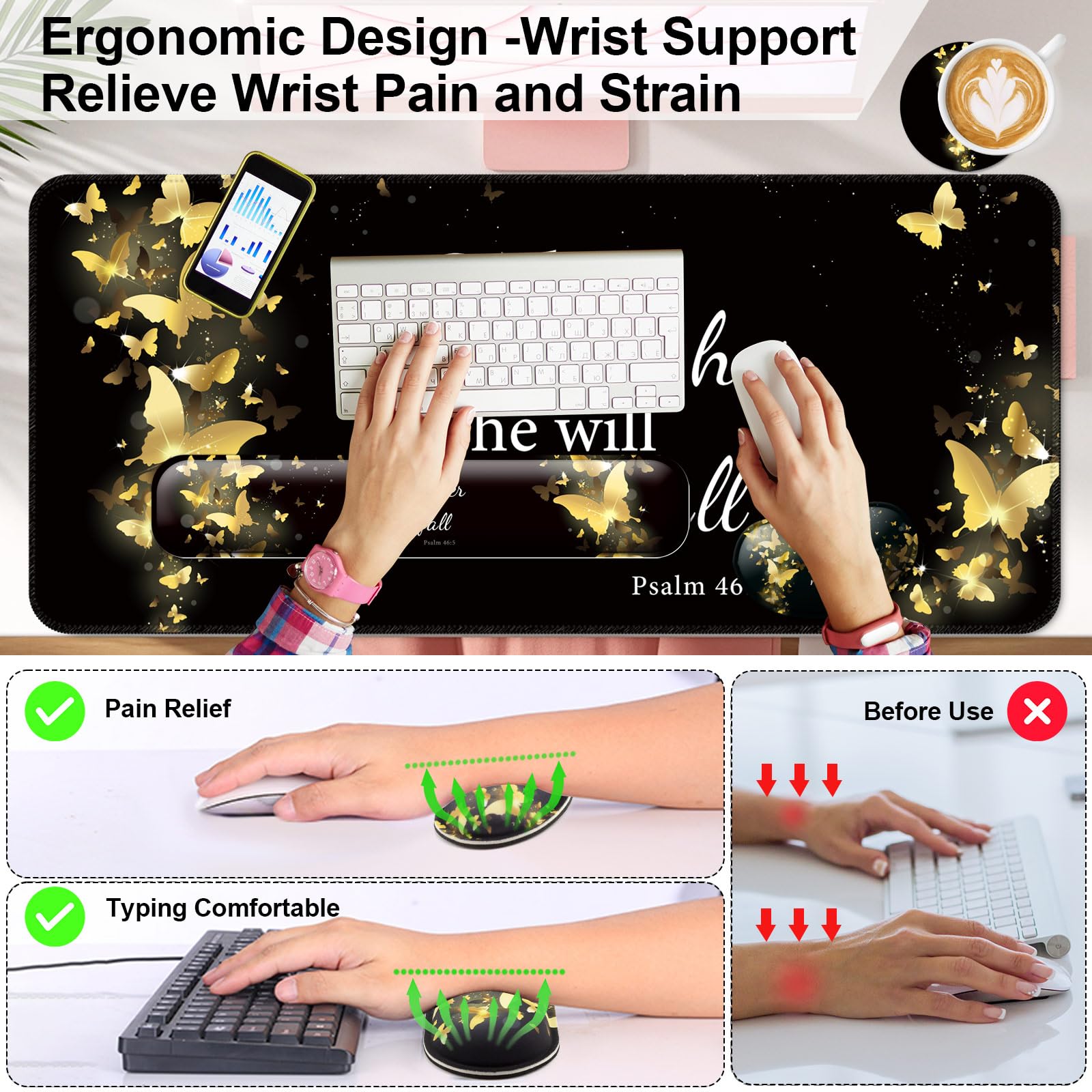 4 in 1 Mouse Pad and Keyboard Wrist Rest,Large Desk Mat,Coaster Set-Gold