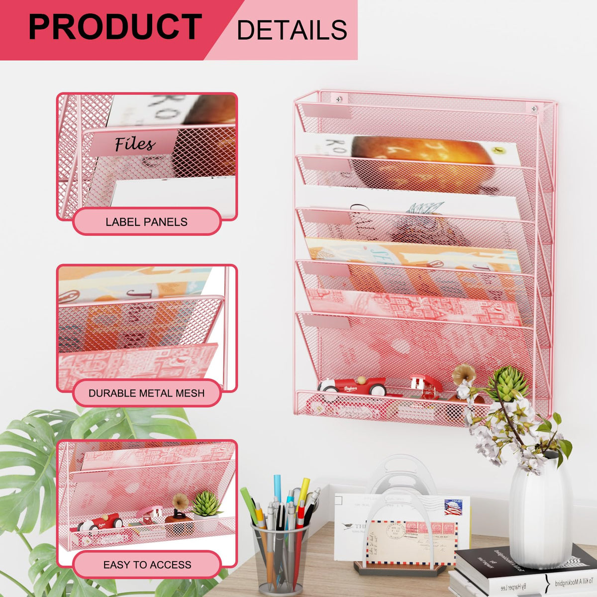 GDINDINFAN Wall File Organizer Holder Mesh Hanging Paper Document Holder, Vertical 6 Pocket Tier