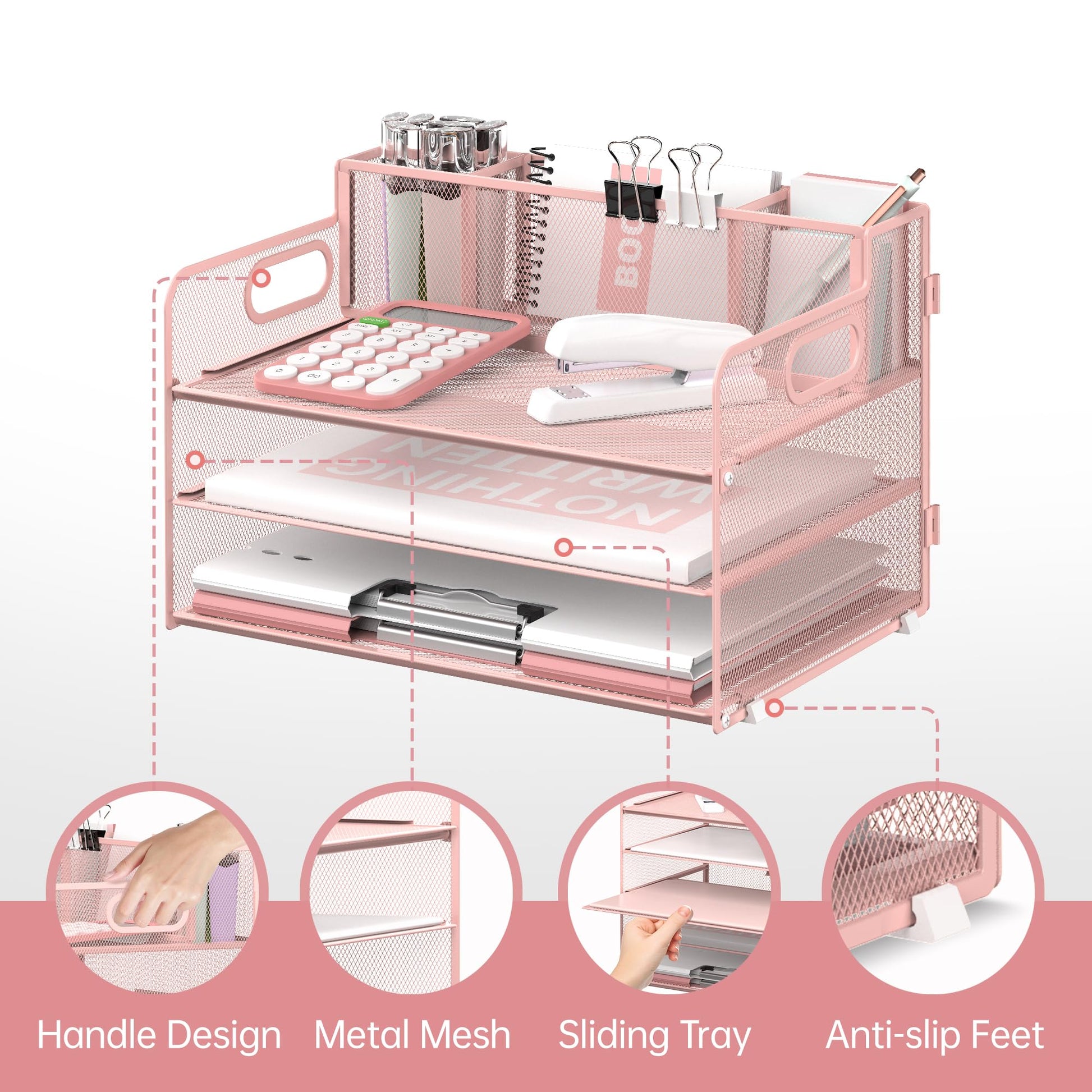 3-Tier Desk Organizer with Pen Holder and Handles, Paper Organizer, Pink