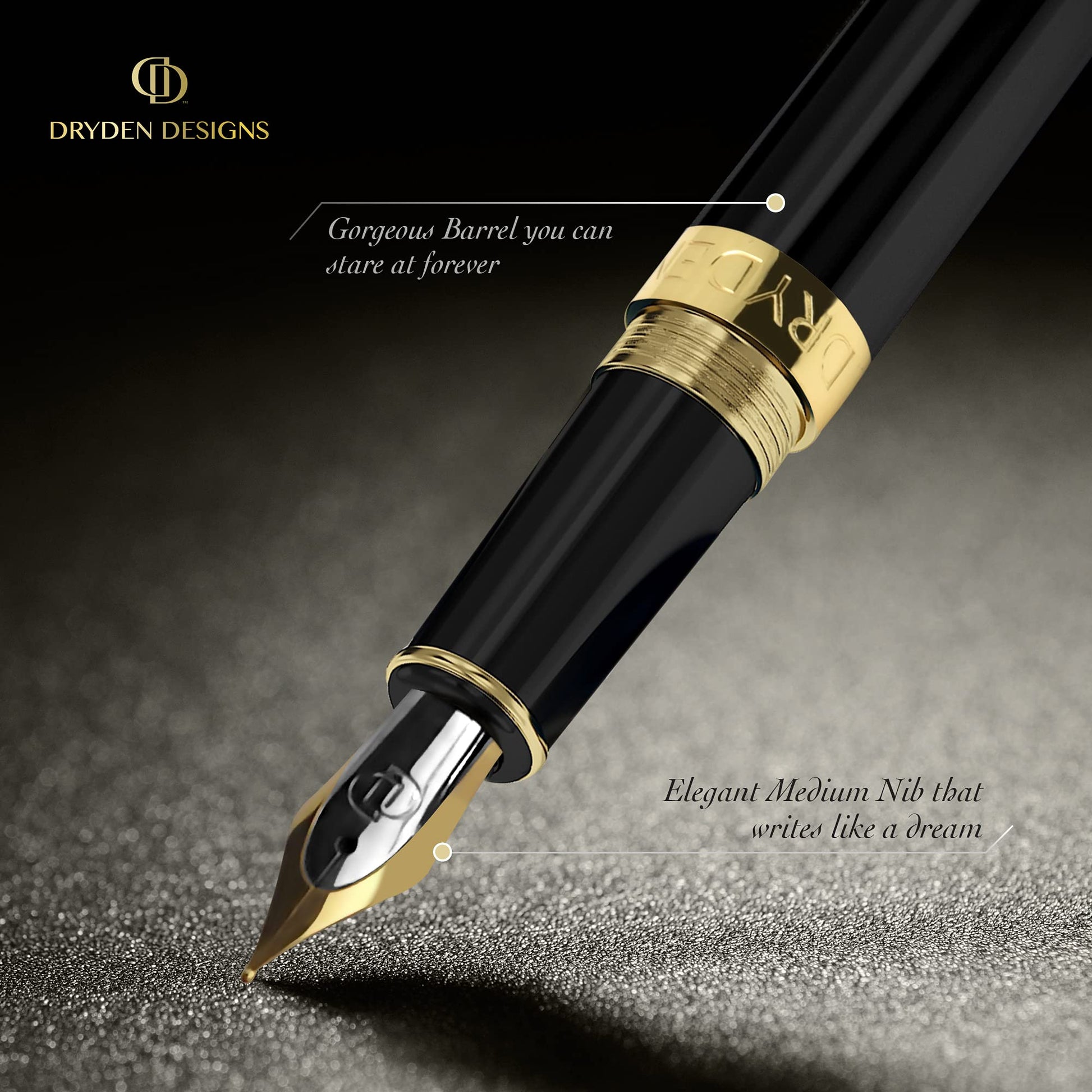 Dryden Designs Fountain Pen - Medium and Fine Nibs | Includes 24 Ink Cartridges and Ink Refill