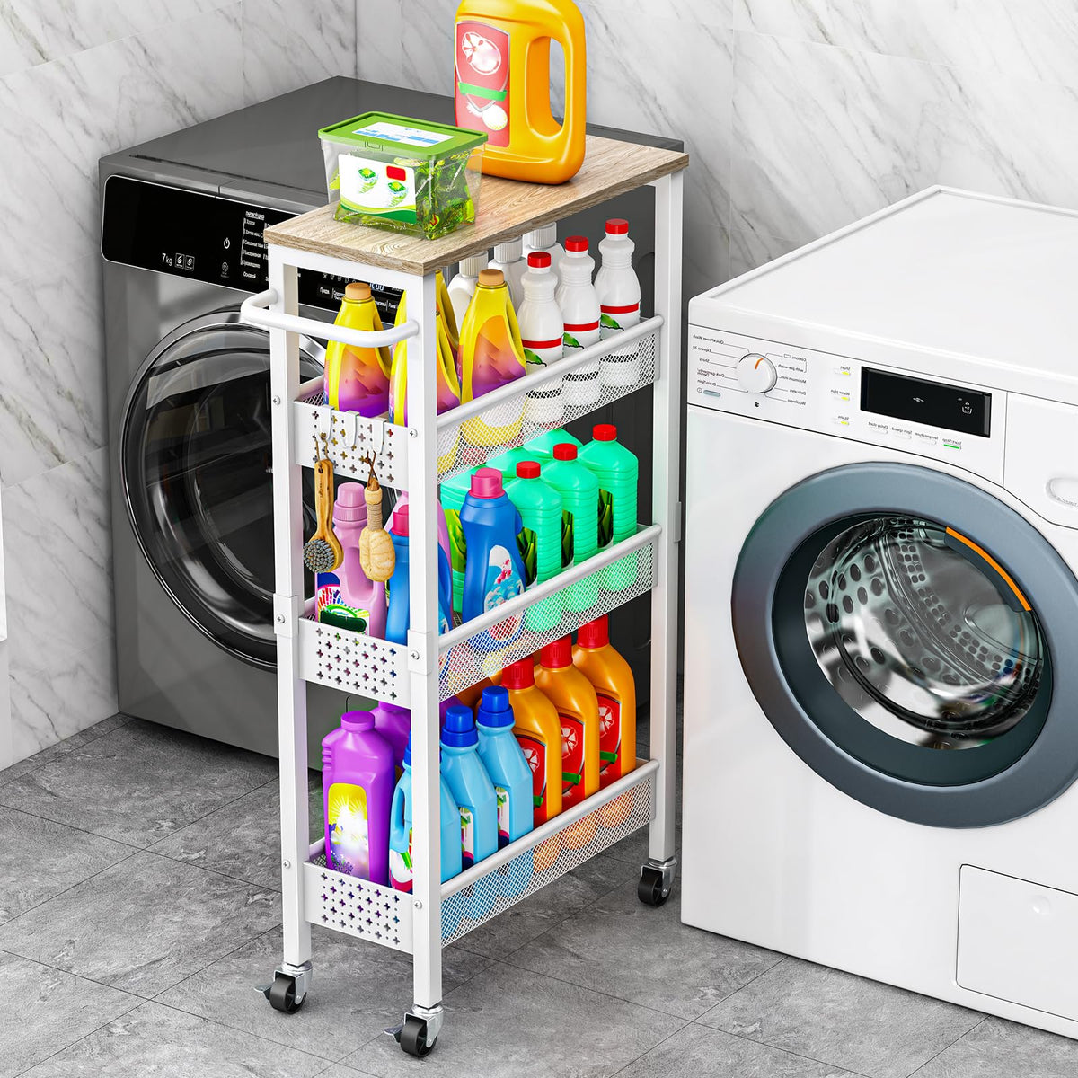 Vivihomety 4-Tier Slim Utility Rolling Laundry Cart with Wheels, Metal