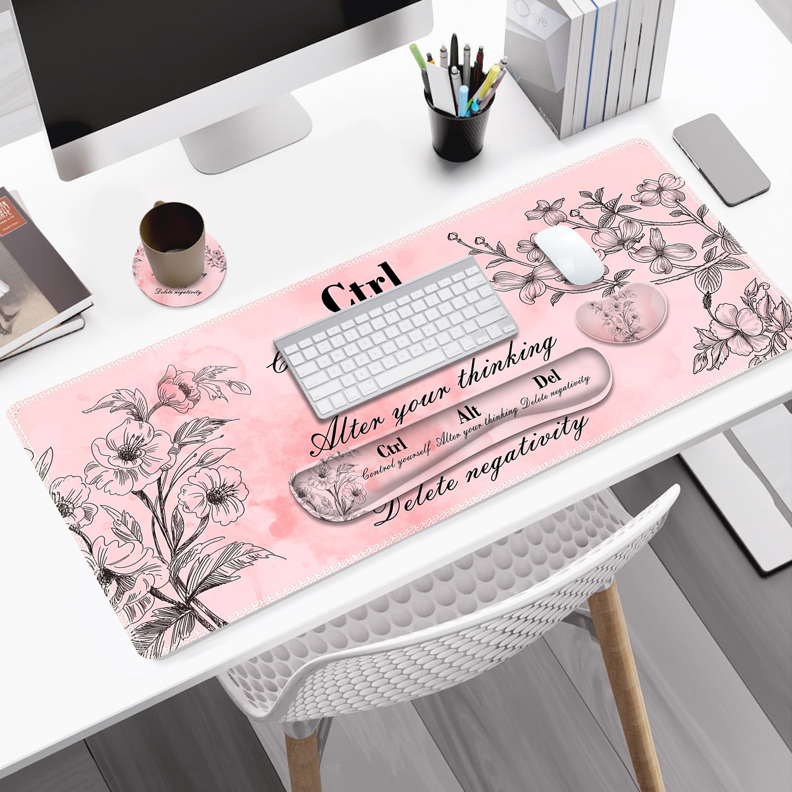 NXZGO Large Gaming Mouse Pad Pink Floral, Ergonomics Keyboard Desk Mat with Wrist Rest, Cute