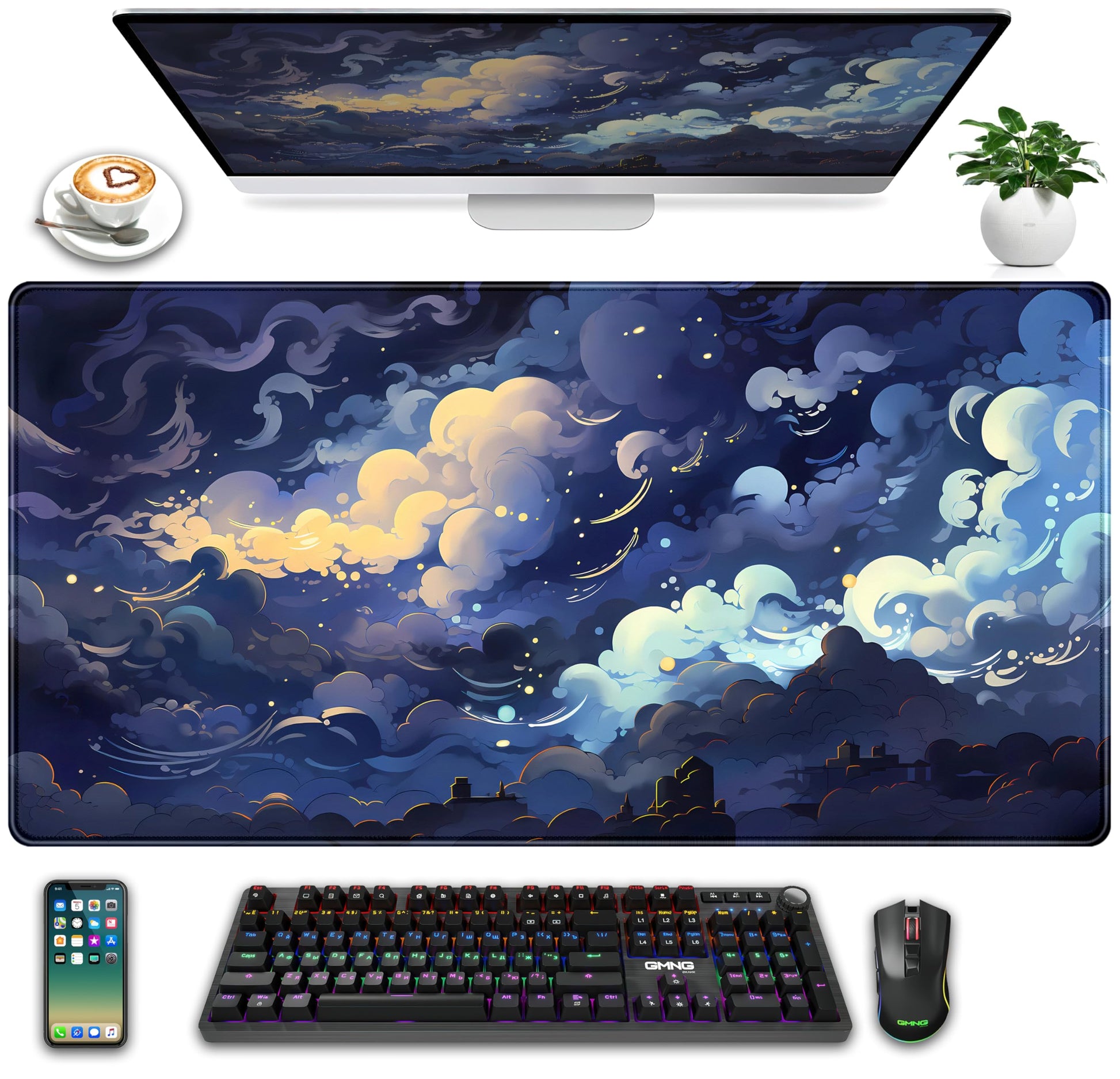 Blue Clouds Desk Mat Large XXL Gaming Mouse Pad Non-Slip Rubber Base Mousepad, Cool Office Desktop