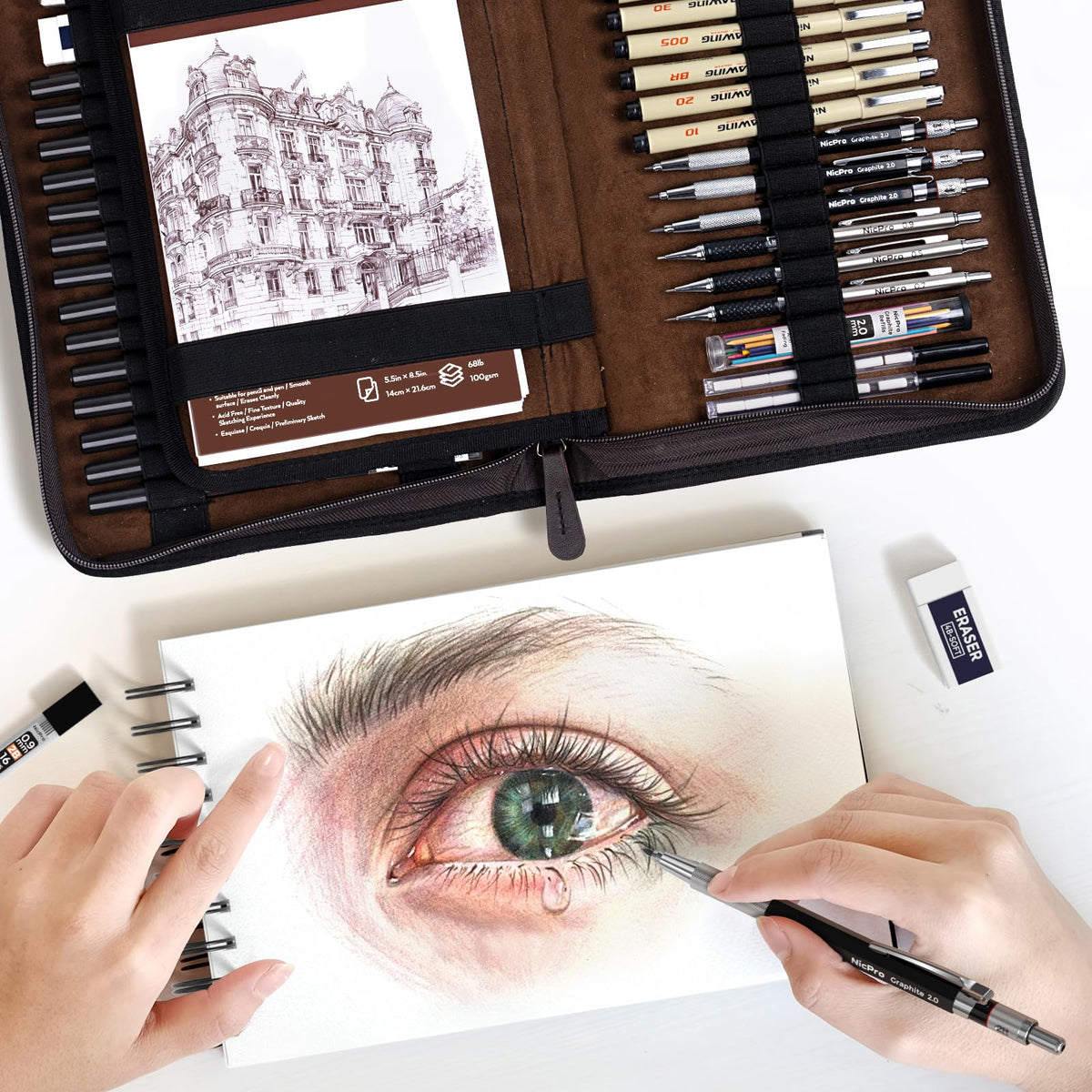 Nicpro 58PCS Art Drawing Supplies Kit, Leather Case, Art Supplies for Adult