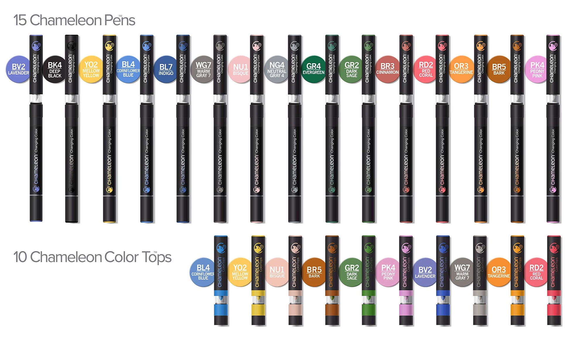 Chameleon Art Pens, 25-Pen Deluxe Set (15 Pens + 10 Color Tops) - Multicolor, 0.3mm Chisel Tip