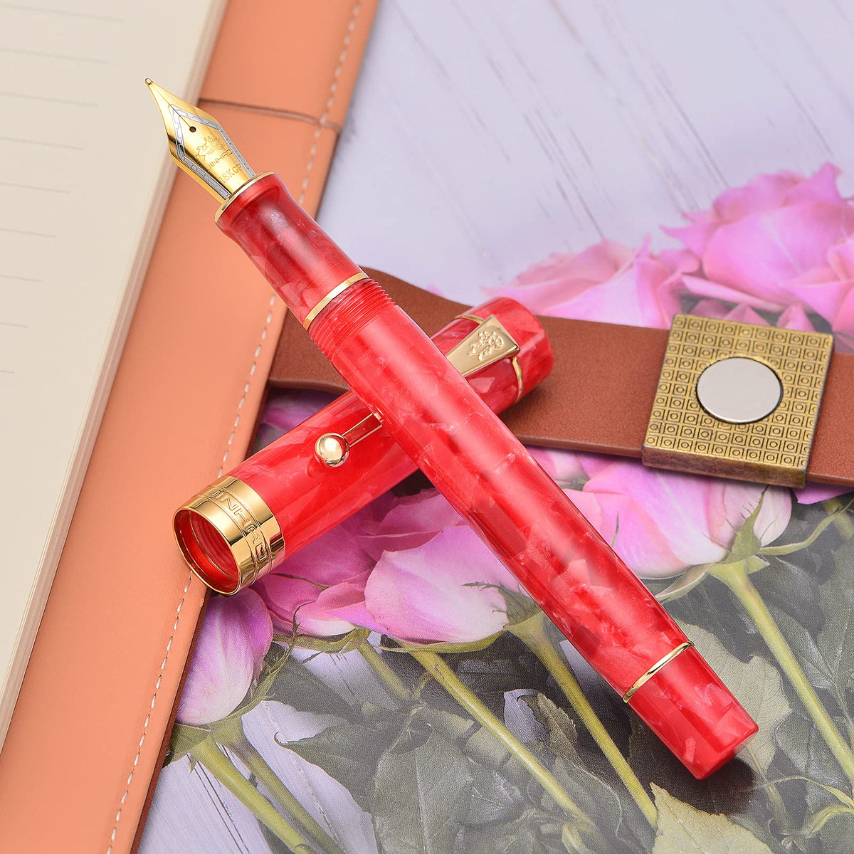 Jinhao 100 Classic Fountain Pen Red Marble Celluloid Gold Trim, Fine Point with Converter and Pen