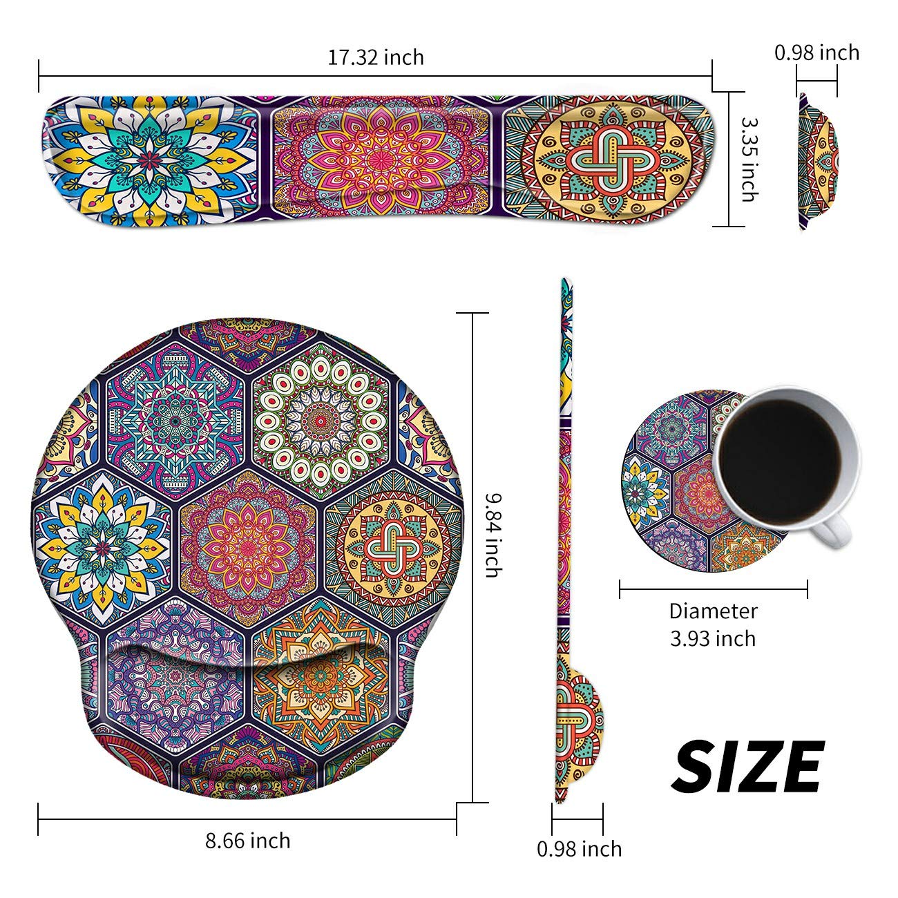 BEOTIWAD Memory Foam Mouse Pad Wrist Rest Set,Colorful Mandala