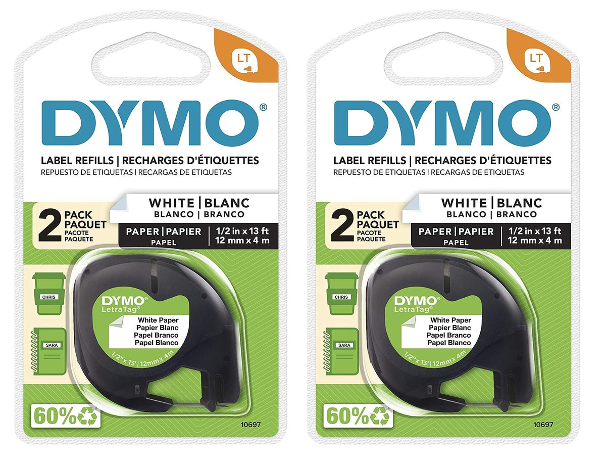 Dymo 10697 Self-Adhesive White Paper Labeling Tape for LetraTag, 2 Blister Packs (4 Refills), Black