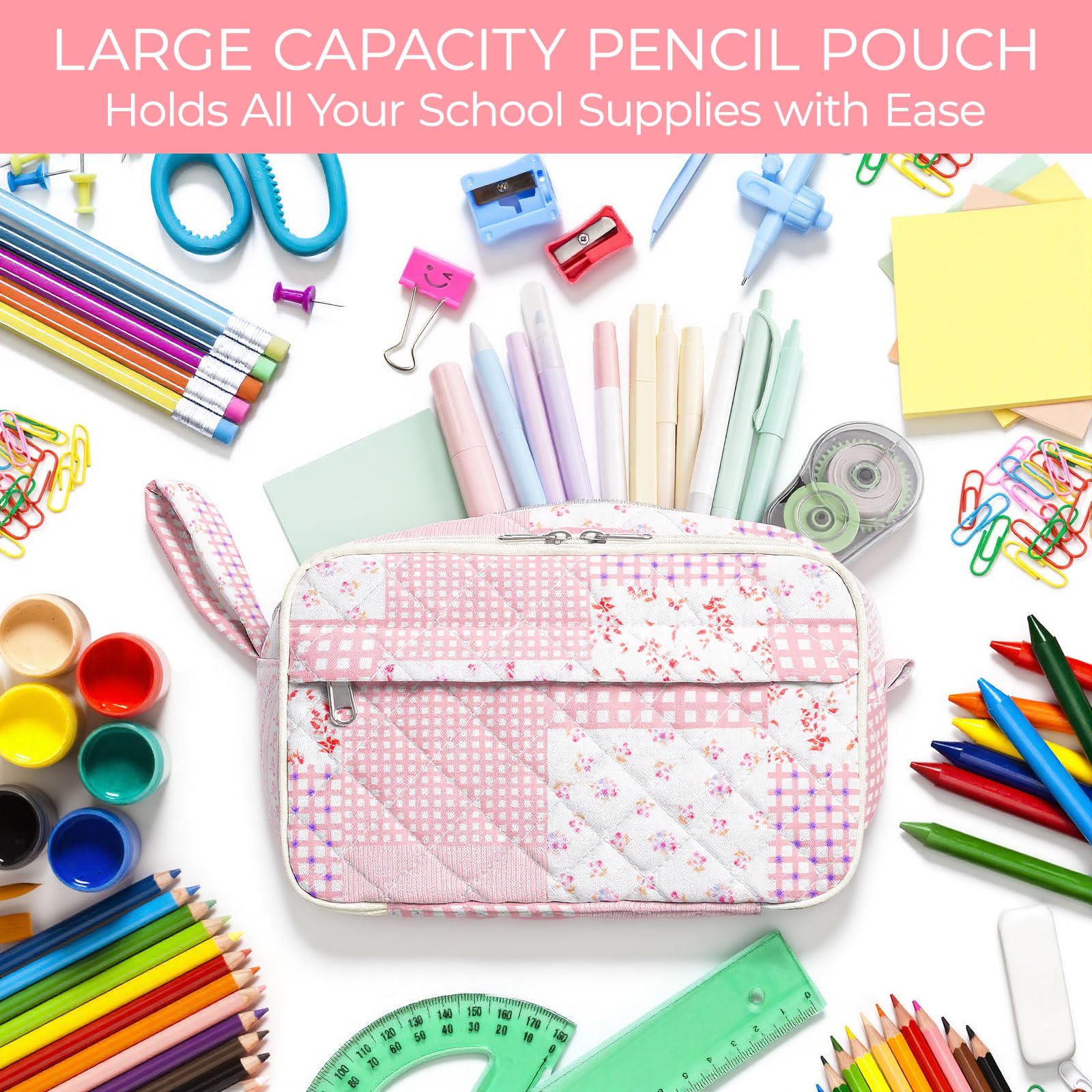WOBAGMEN Quilted Pencil Pouch for Girls Women, Large Pencil Case Pouch with Compartments Cute