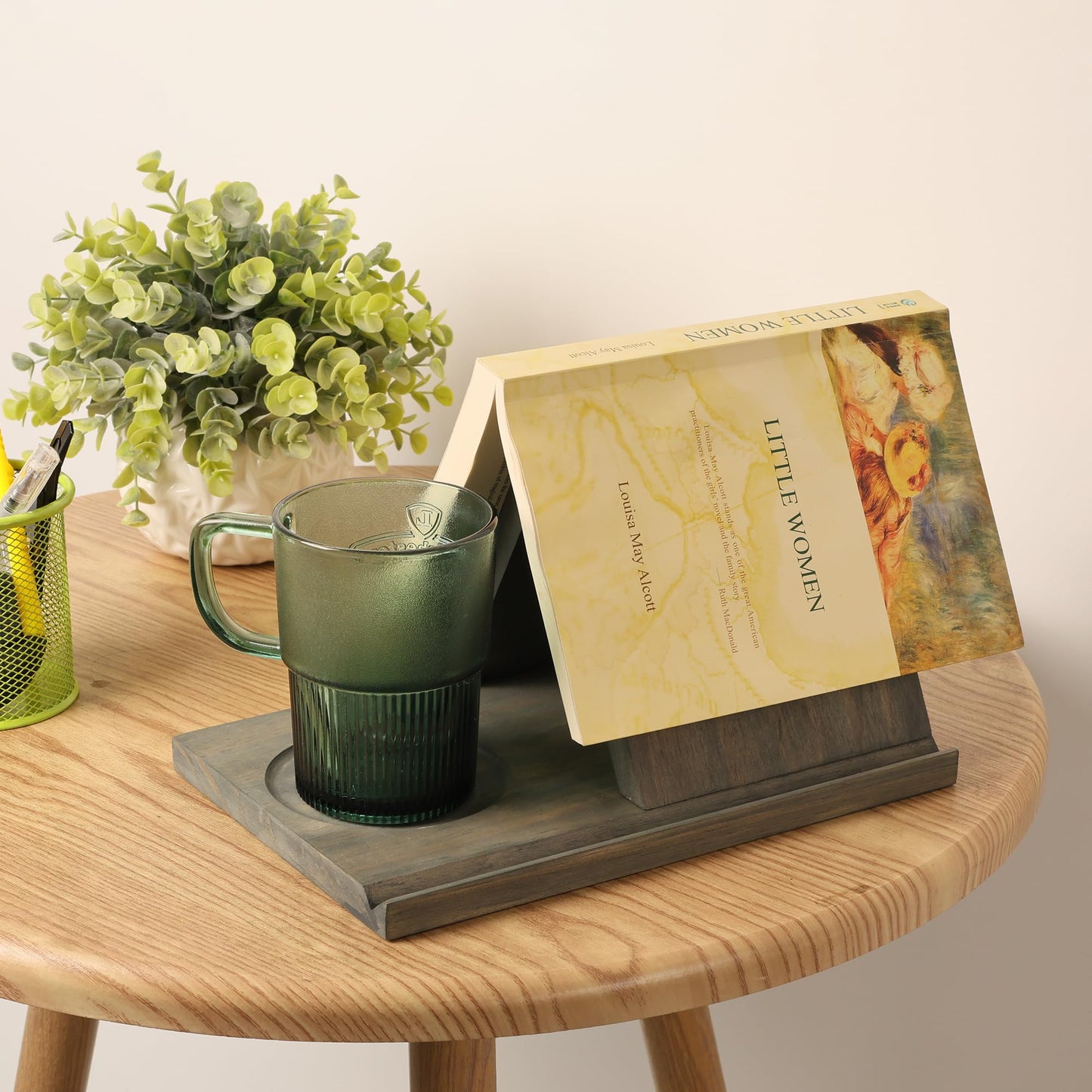LITIVY Wooden Book Holder with Drink Holder, Wooden Triangle Bookmark Reading Rest with Slotted