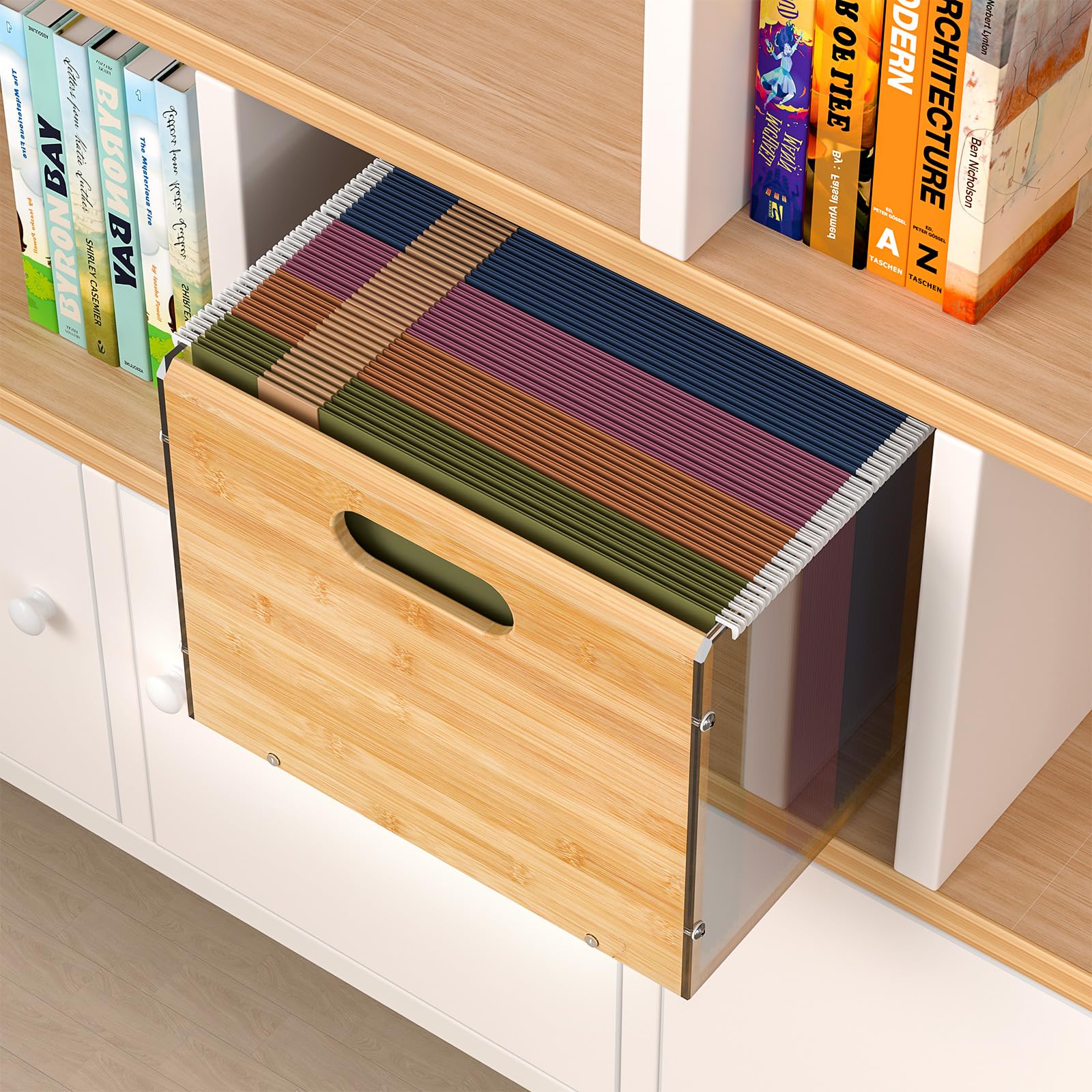 Sbanmao Letter/Legal Bamboo Acrylic File Box Organizer, Hanging File Folder Storage Boxes