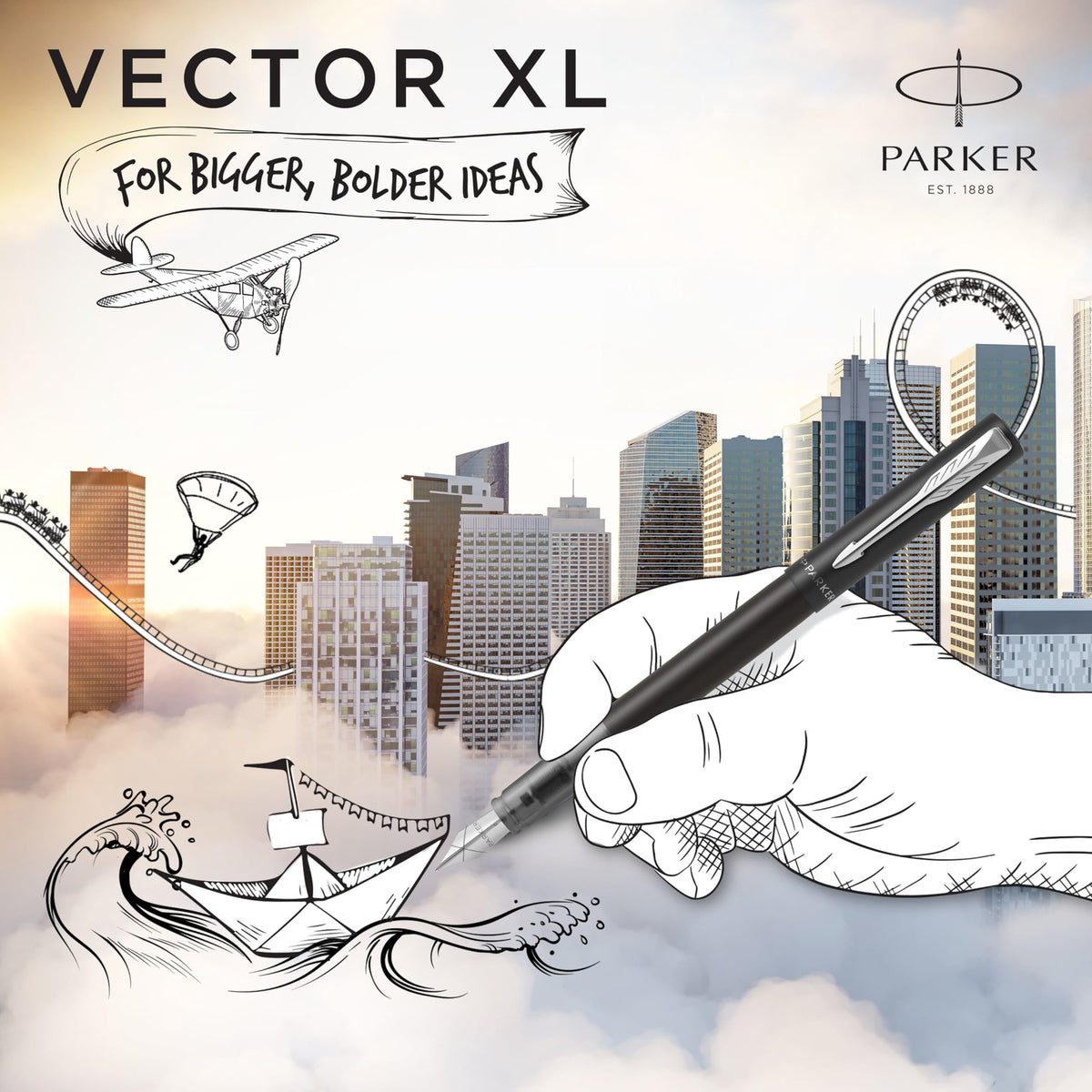 PARKER Vector XL Fountain Pen | Metallic Black Lacquer on Brass | Medium Nib with Blue Ink Refill |