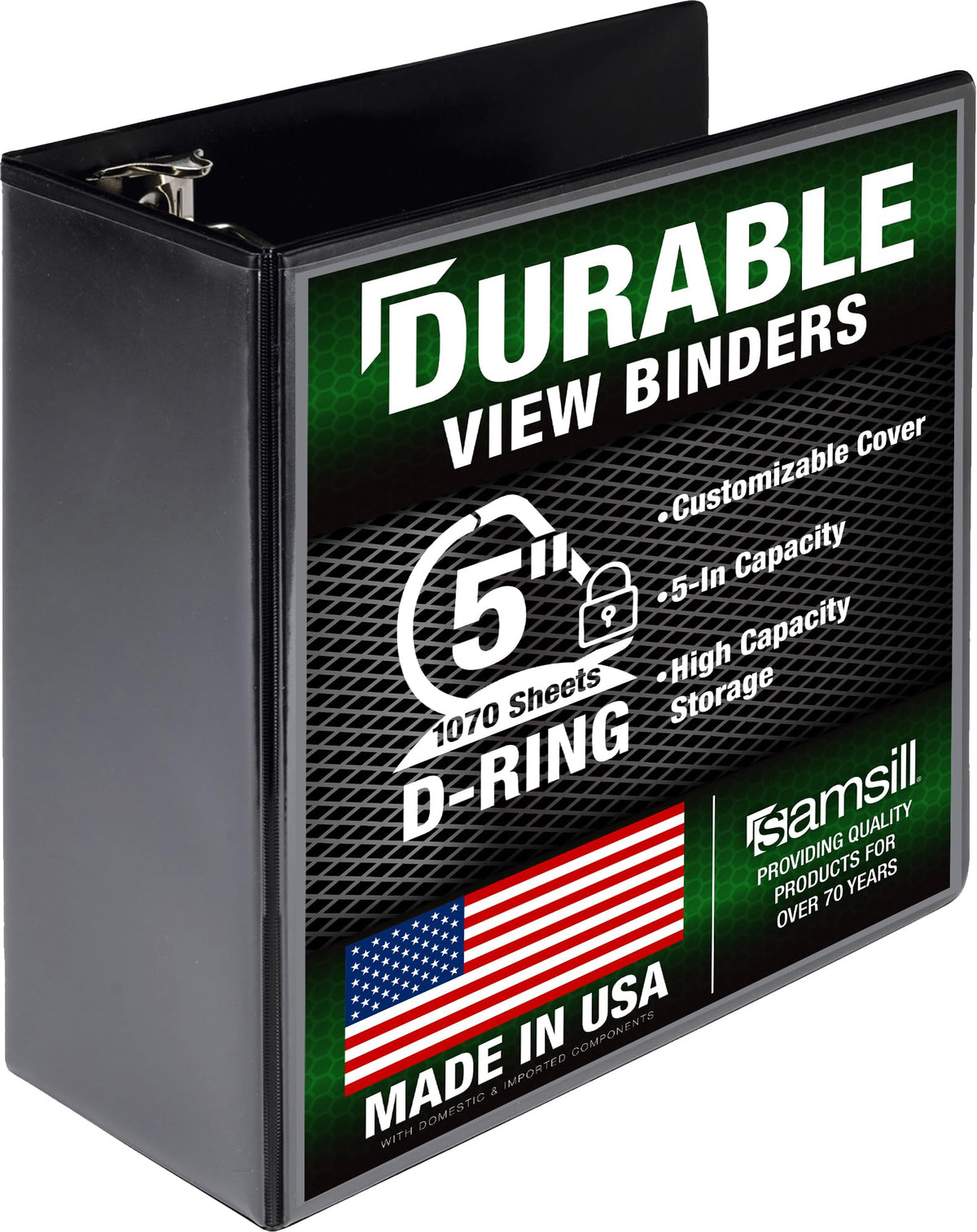 Samsill Durable 5 Inch 3 Ring Binder, D Ring Binder, Customizable Clear View, Black, Holds 1070