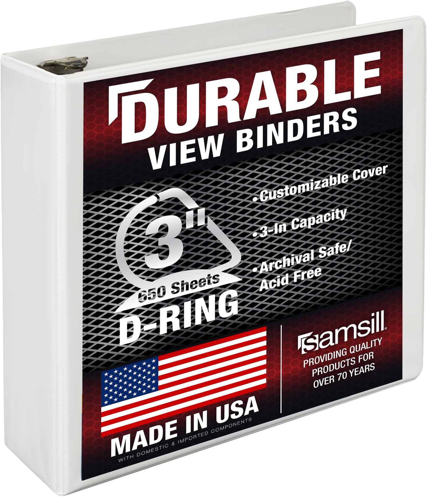 Samsill Durable 3 inch 3 Ring Binder, D Ring Binder, 100% Recycled Chipboard, White