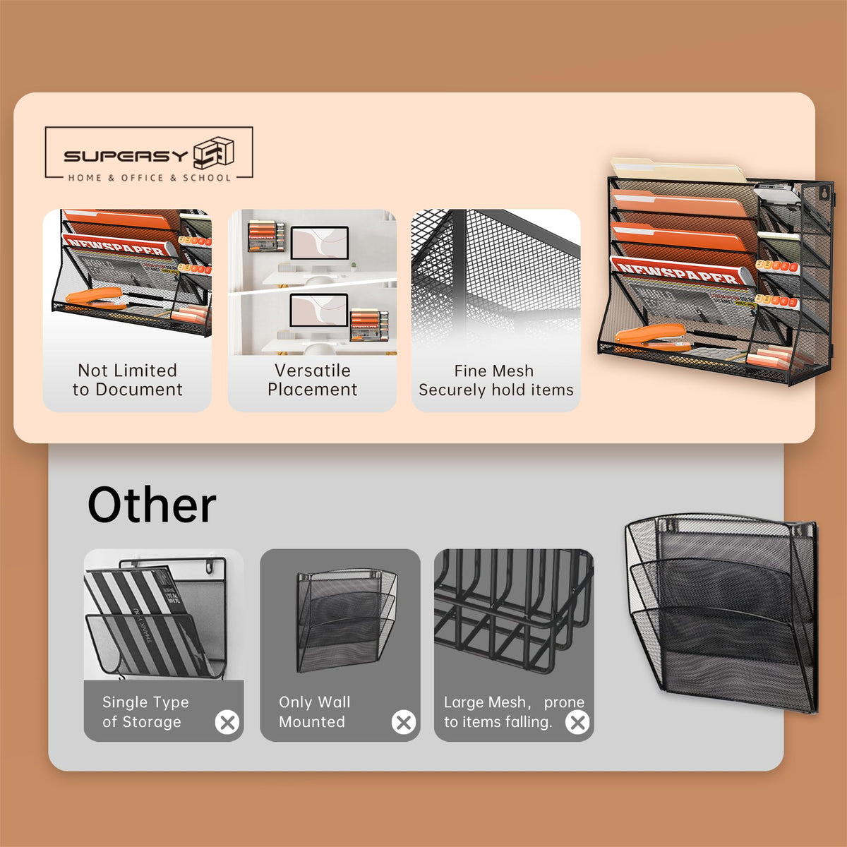 5-Tier Wall File Organizer with 4 Pen Holders and R-Shaped Tray, Black