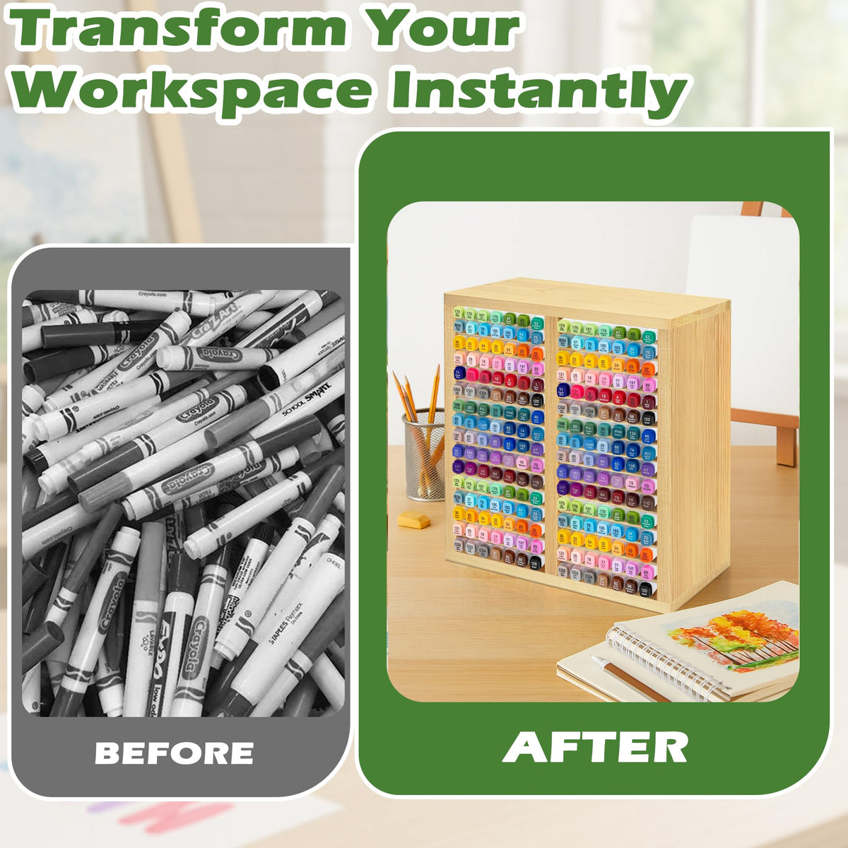 PROLEE Marker Organizer for 224 Markers, Wooden Alcohol Marker Holder with 32 Compartments