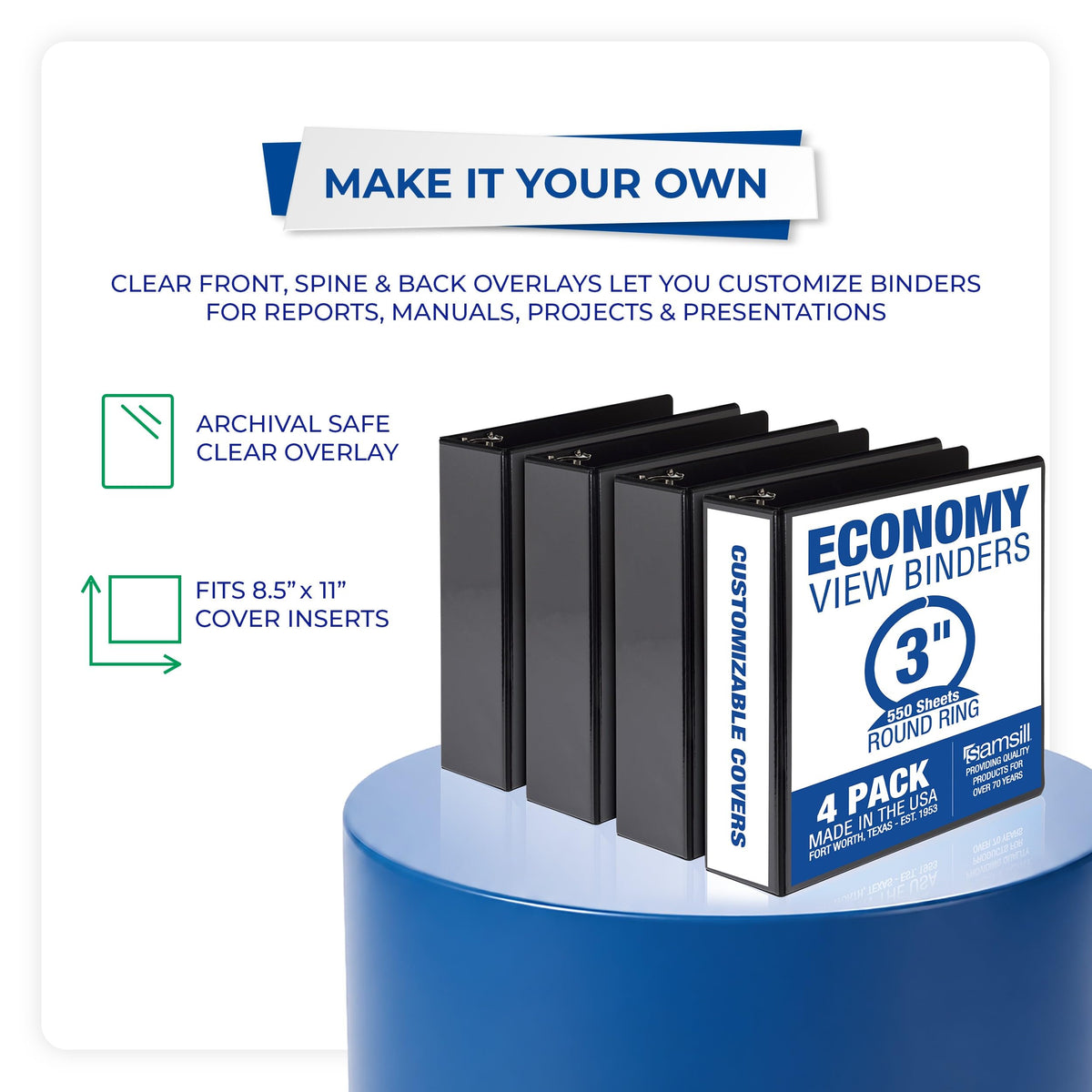 Samsill 3 Inch 3 Ring Binders, Economy Round Ring, Clear View Cover, 550 Sheet Capacity - for