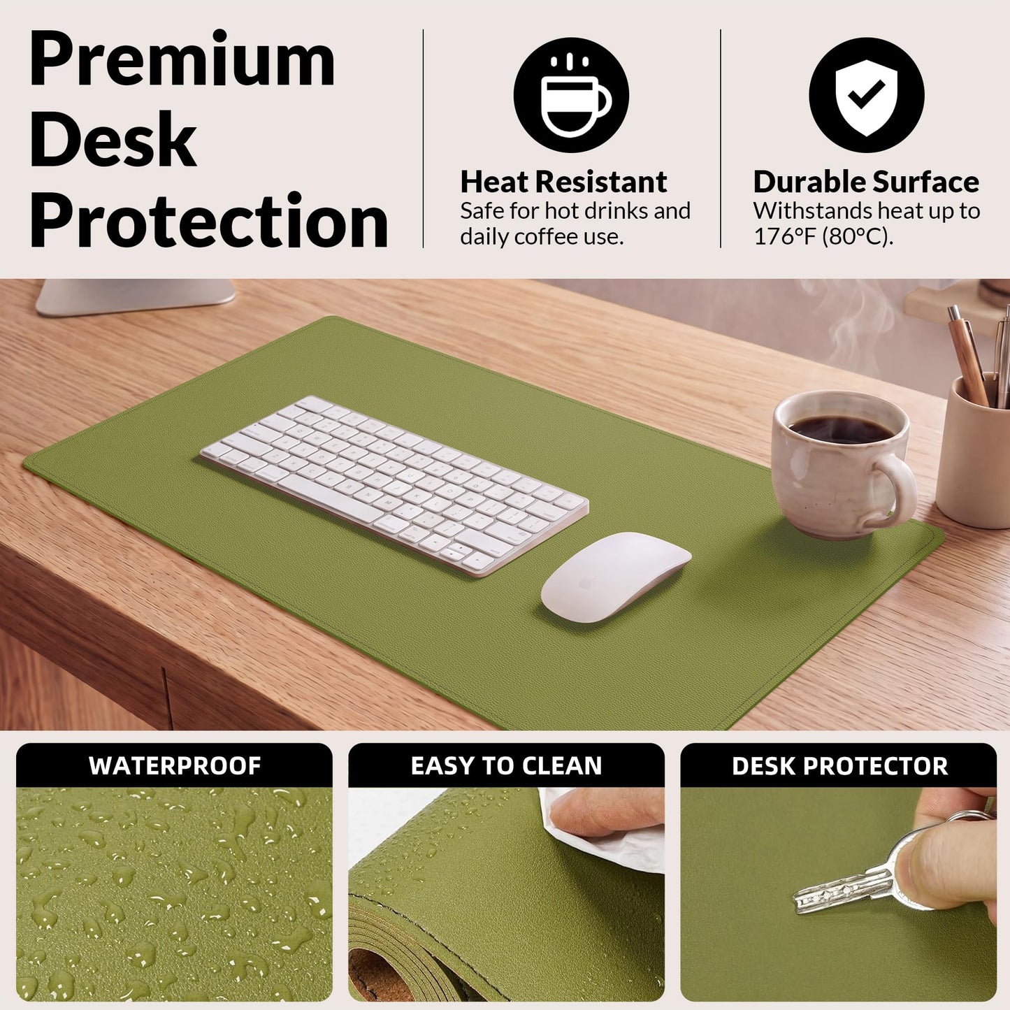 AFIING Cork Desk Mat, 35.4" x 17", Olive Green,Desk pad Protector