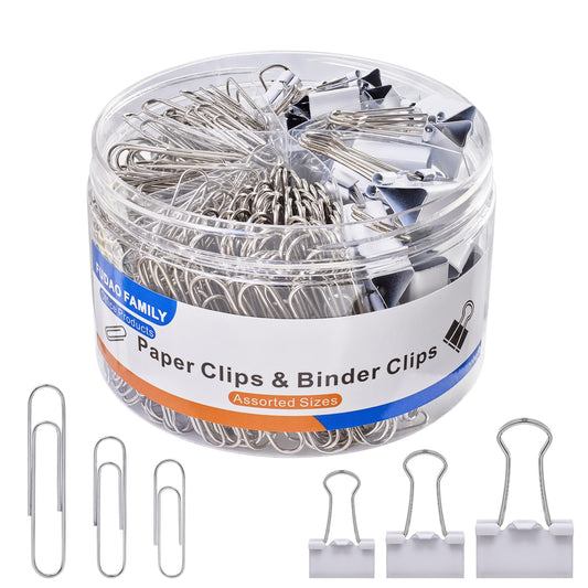 FUDAO FAMILY Paper Clips & Binder Clips, 340 PCS Assorted Sizes, Silver & White, Metal, Medium