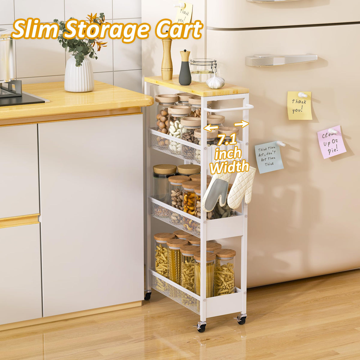 7.1" Wide Slim Storage Cart on Wheels, 4 Tier Metal Narrow Rolling Cart with Handle and Wood Top