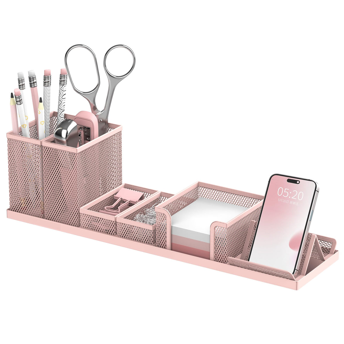 Pen Holder for Desk, 6-Piece Mesh Desk Organizer with Phone Holder, Pink
