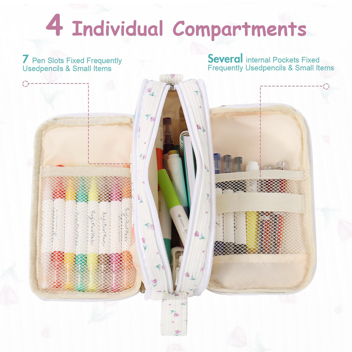 BuyCard Big Capacity Pencil Case, Corduroy Fabric, White with Purple Floral Pattern, Pencil Bag