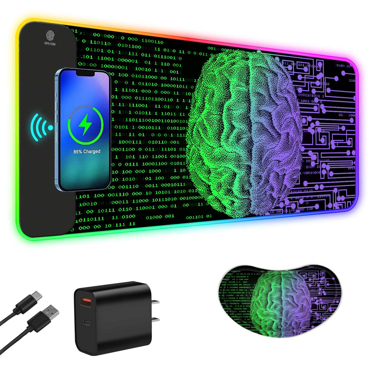 ToLuLu Wireless Charging RGB Gaming Mouse Pad, 15W LED Mouse Mat with 30W Charger, 14 Light Modes