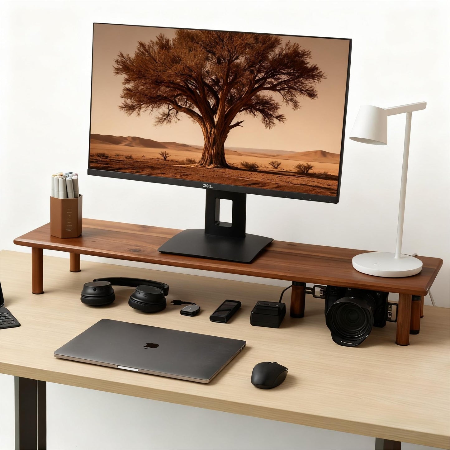 ROCDEER Dual Monitor Stand Riser, Acacia Wood Desktop Shelf with Storage