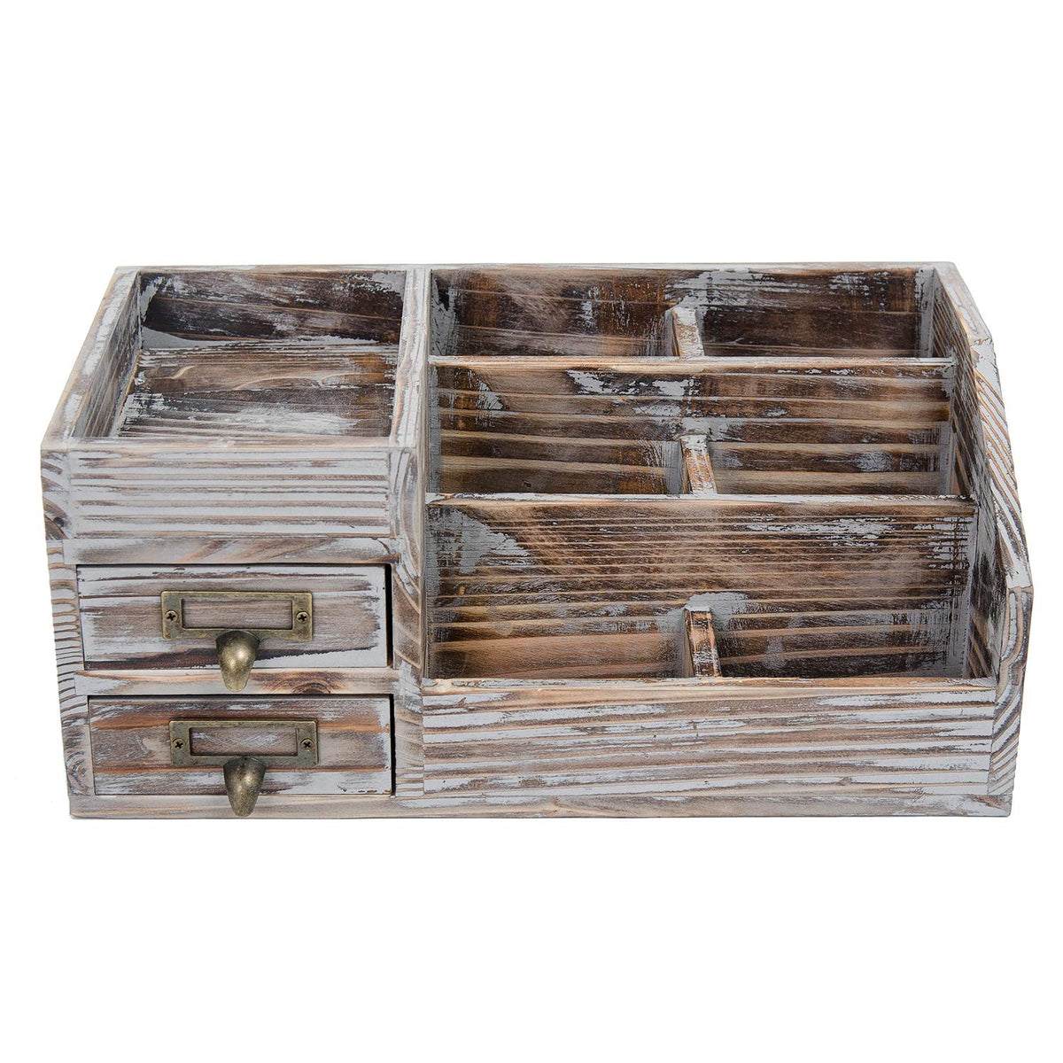 Liry Products Rustic Torched Wooden Desktop Organizer Dark Brown Tabletop Storage Cabinet Stepped