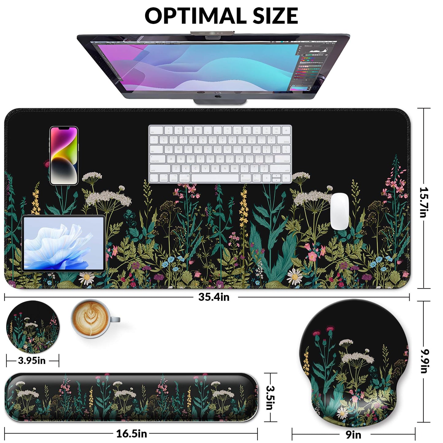VINEBURY Desk Mat Set Keyboard and Mouse Pad with Wrist Rest Support