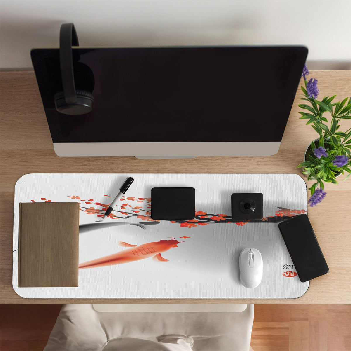Ambesonne Japanese Computer Mouse Pad, Koi Carp Fish Couple Swimming Cherry Blossom Sakura Branch