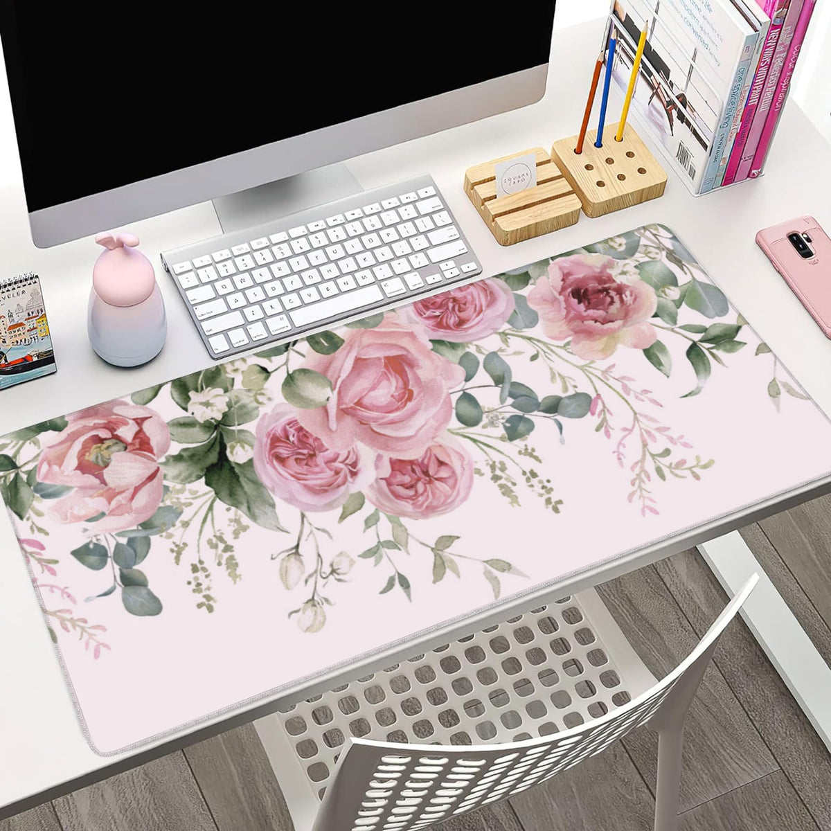 XXL Mouse Pad, Pink Peony Flowers Eucalyptus Green Leaves Large Desk Mat for Desktop, Extended