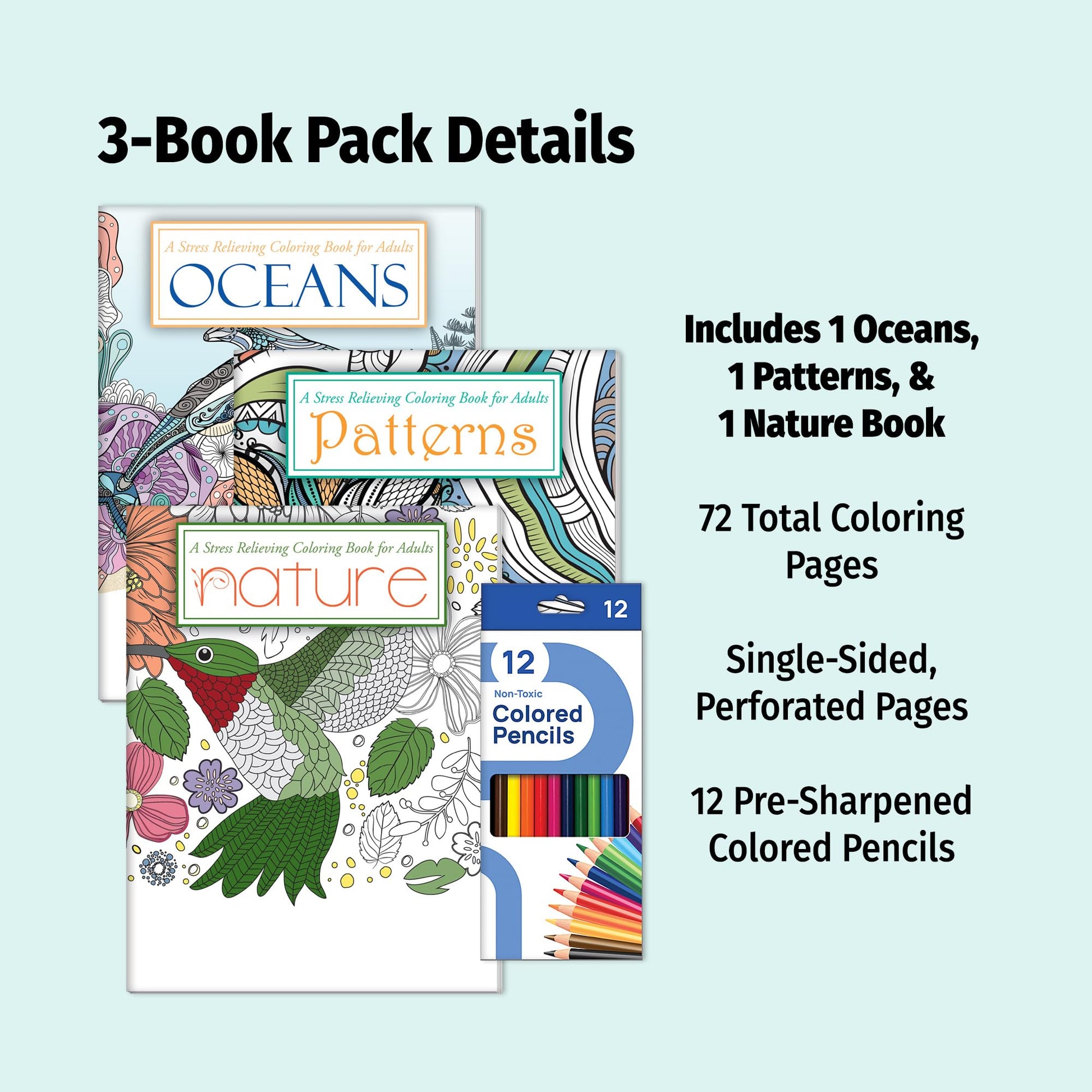 ZOCO - Gift Pack: 3 Adult Coloring Books Set with Colored Pencils - Oceans, Patterns & Nature