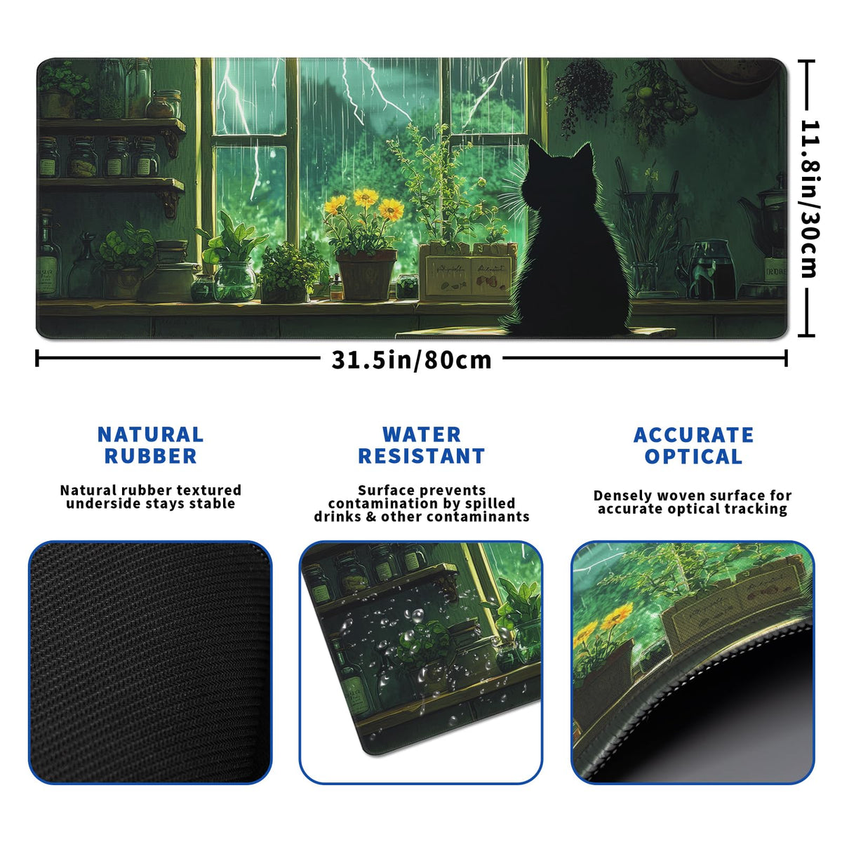 Green Black Cat Mouse Pad Abstract Green Mouse Pad 31.5x11.8 Inch Cat Texture Non-Slip Rubber Base